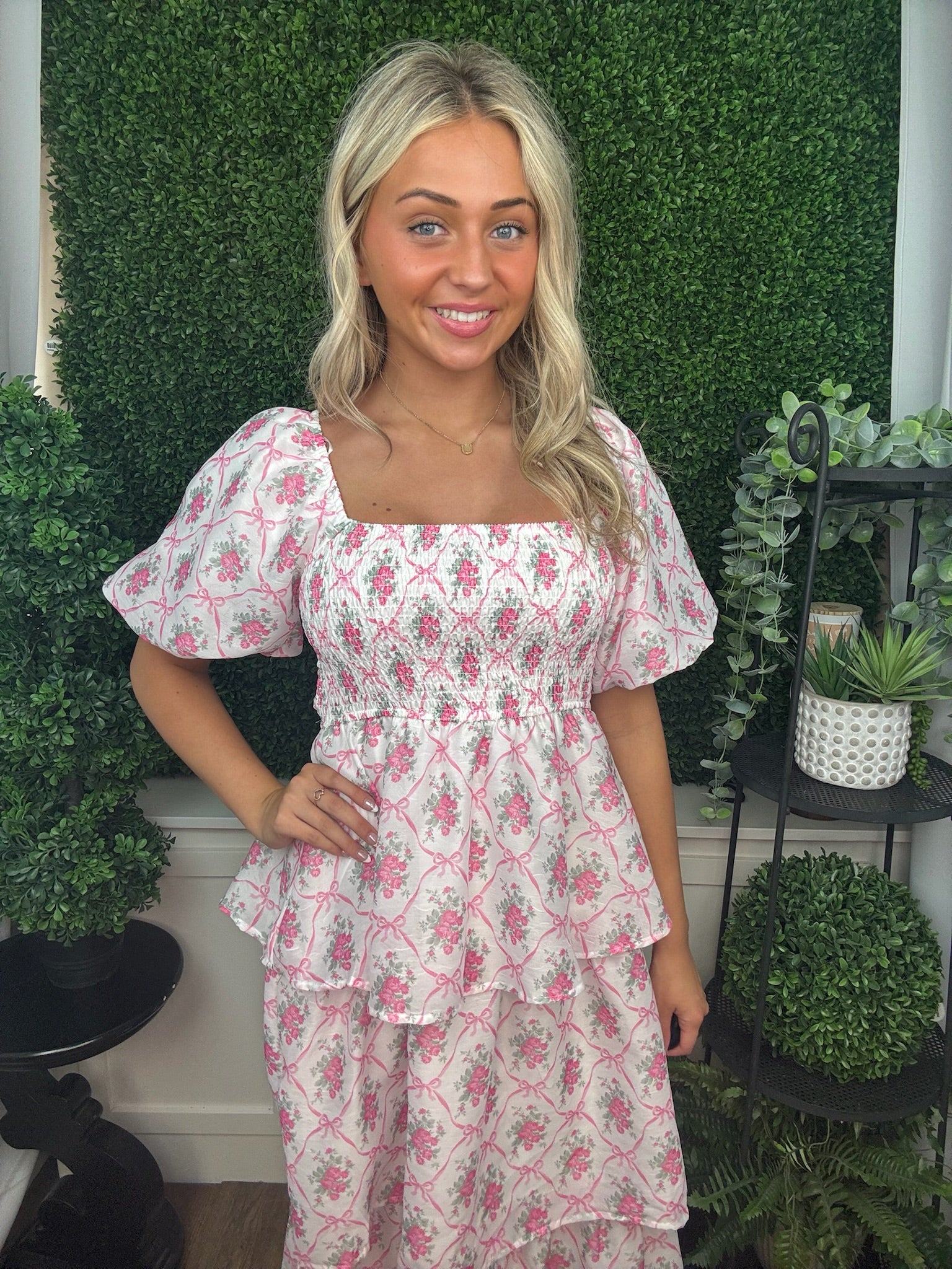 Floral Printed Bubble Sleeve Tiered Midi Dress