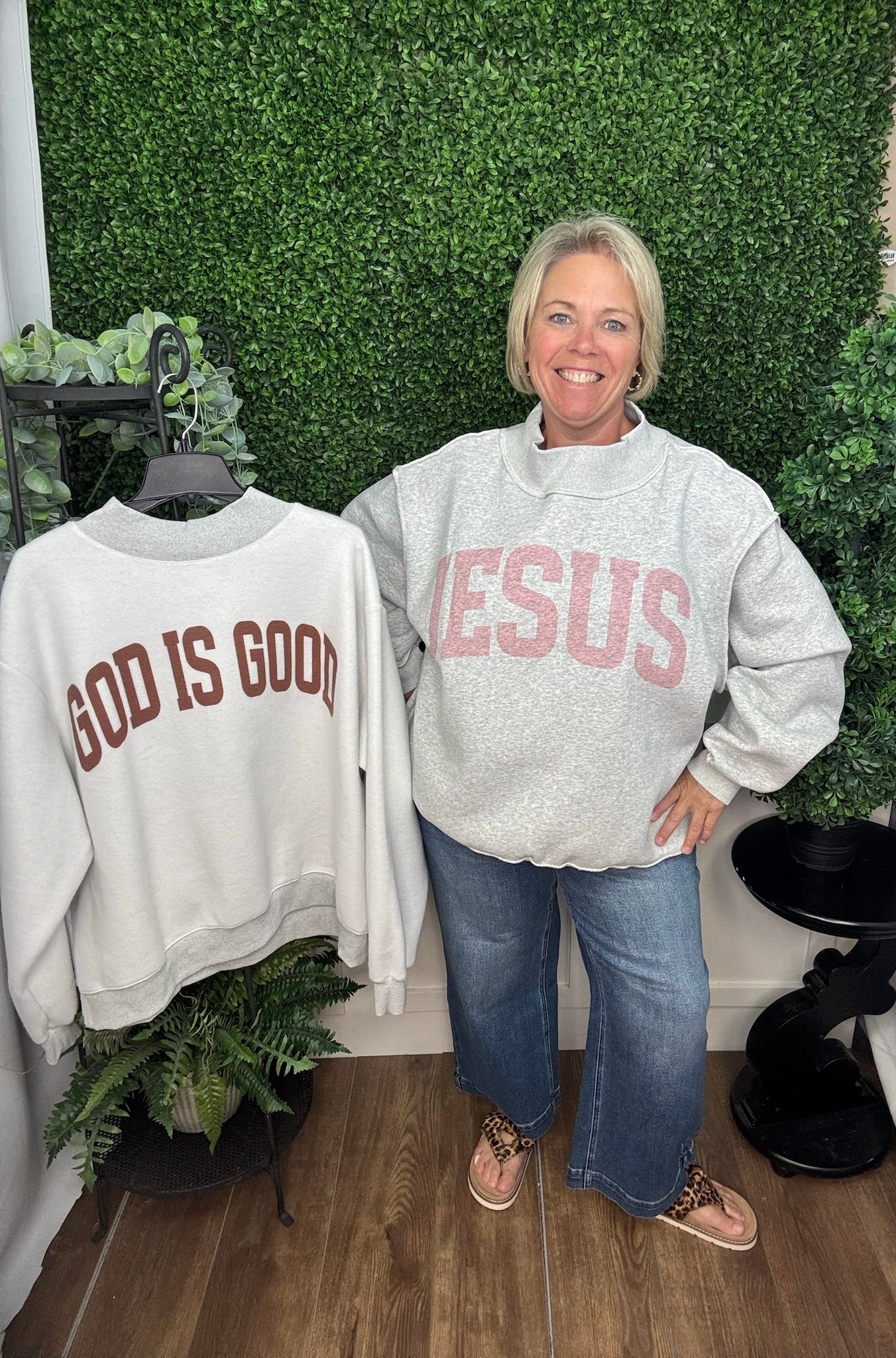 Jesus & God Reversible Mock Neck Sweatshirt - Heather Grey/Pink
