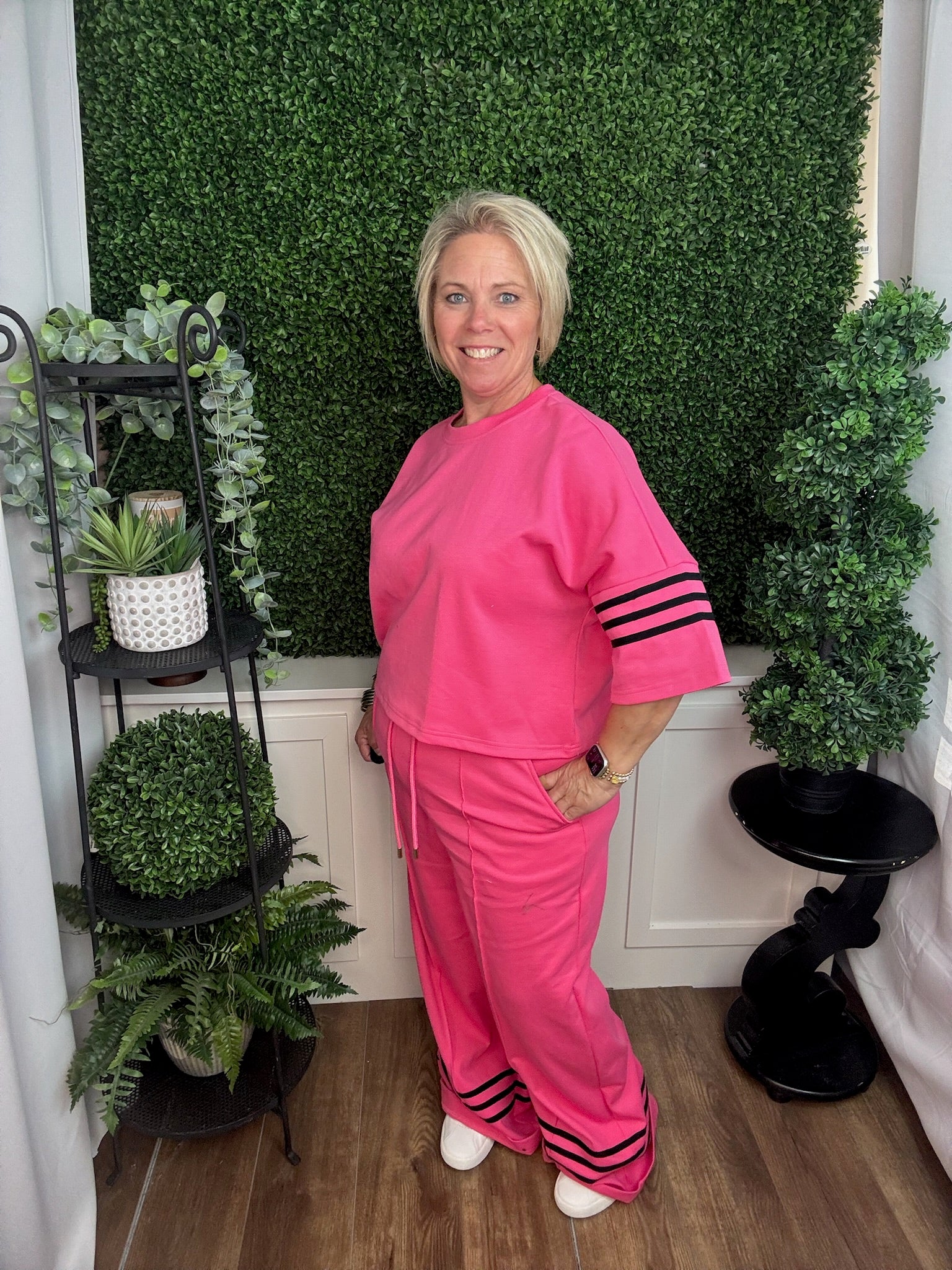 Pink Short Sleeve Knit Top with Stripe Detail