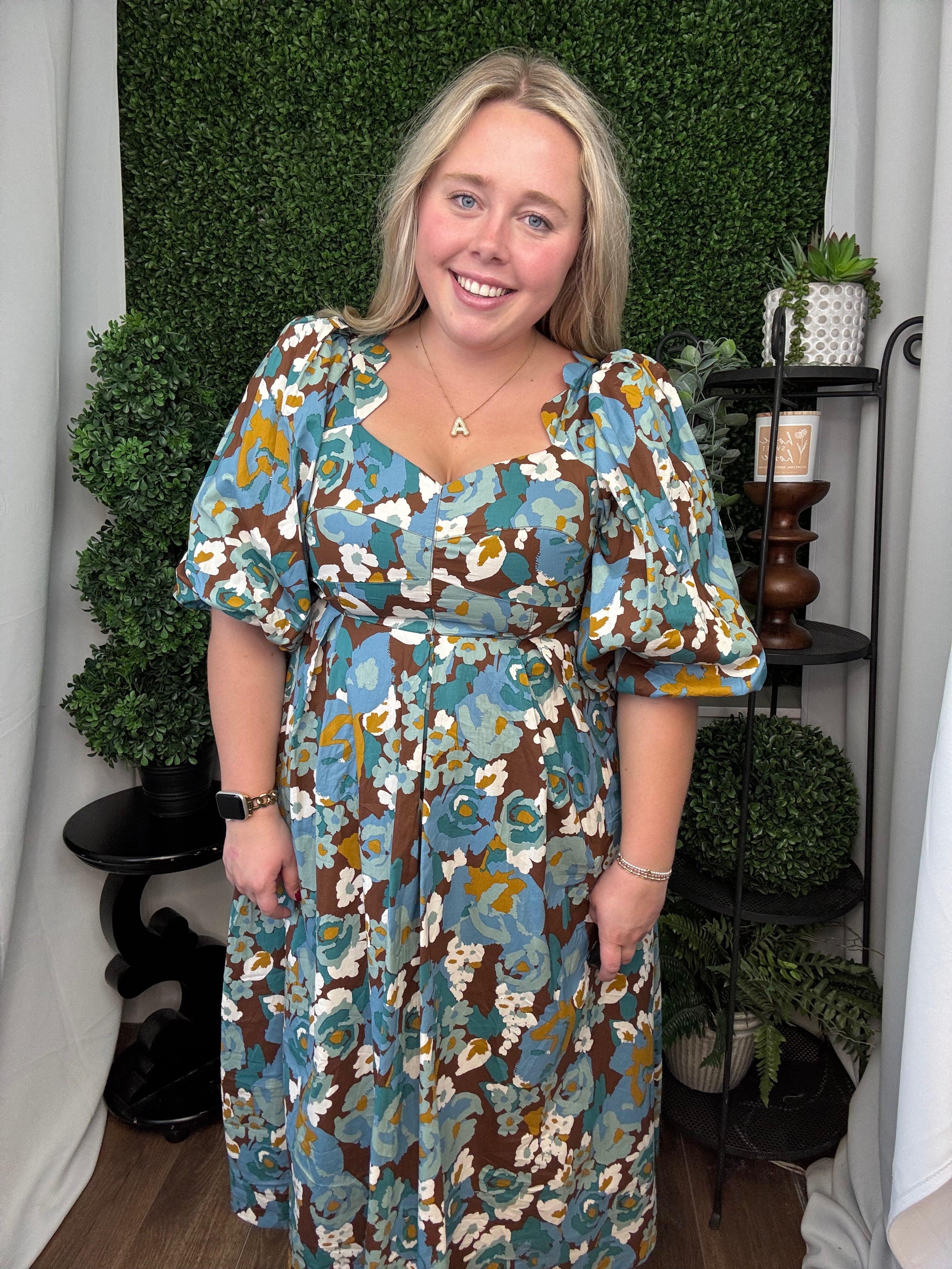 BUBBLE SLV SCALLOPED DRESS - BROWN TEAL