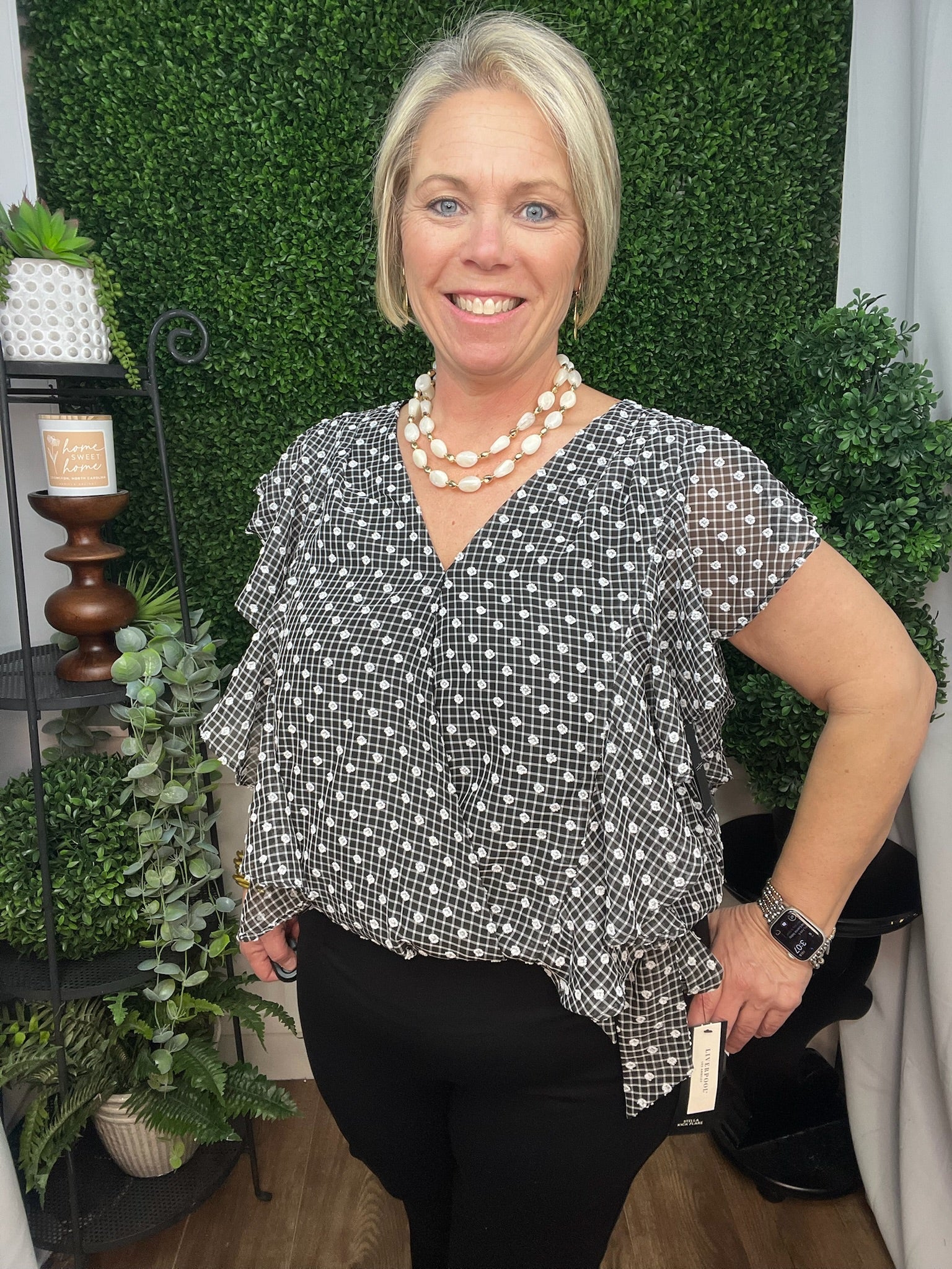 SHORT RUFFLE SLEEVE DRAPED FRONT WOVEN BLOUSE BLK/WHT PLAID