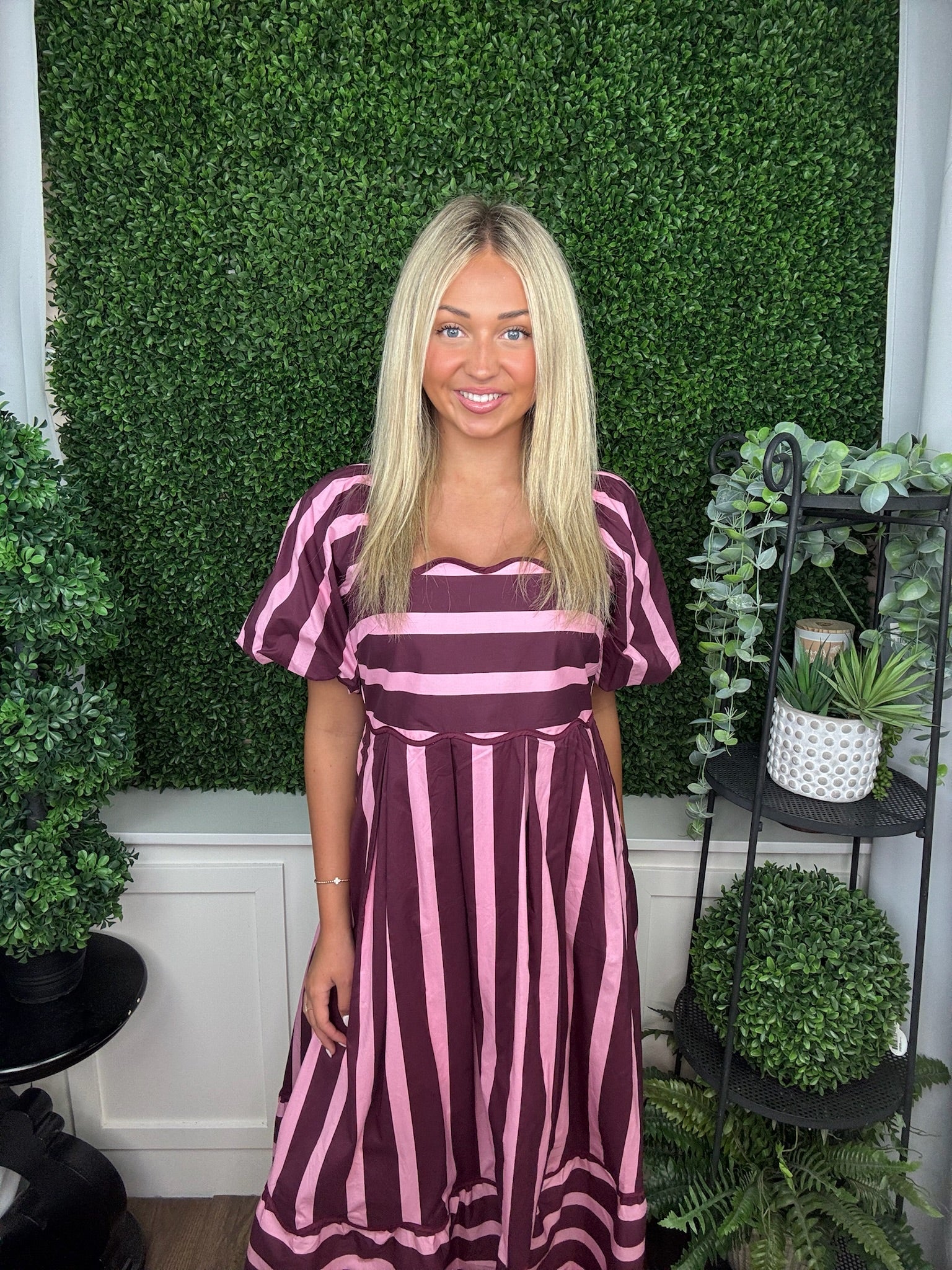 STRIPED PUFF SLEEVE MIDI DRESS - PLUM