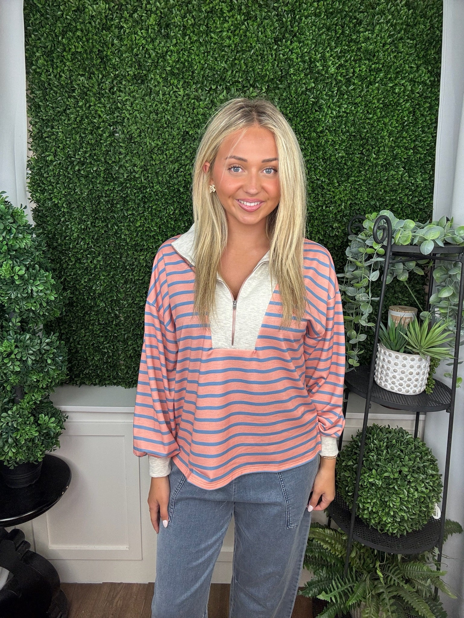 FRONT ZIPPER LONG SLEEVE TOP - CORAL/OATMEAL