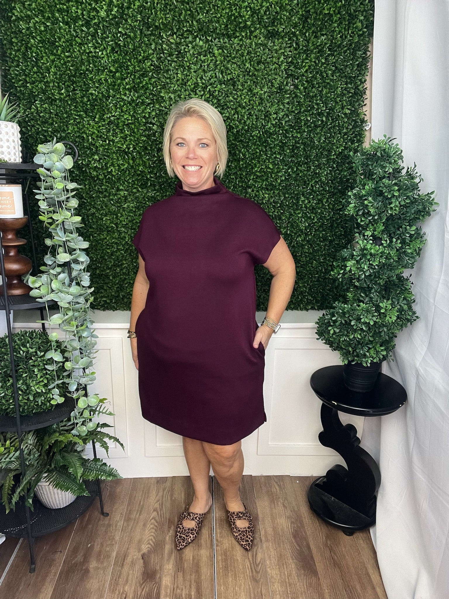 SOLID JERSEY MOCK NECK PULLOVER MINI DRESS - WINE