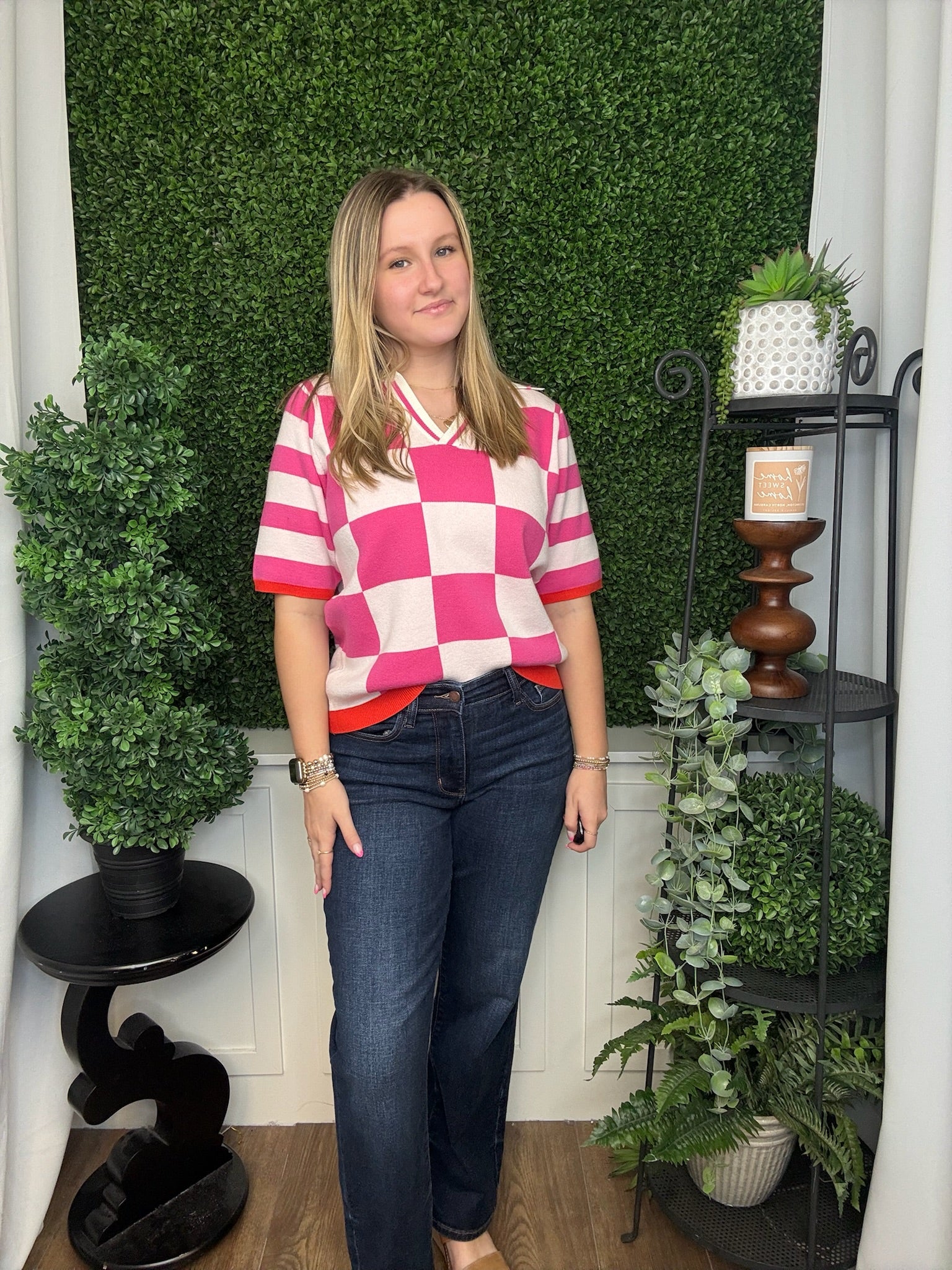 CHECK PATTERN CASUAL SWEATER TOP - HOT PINK