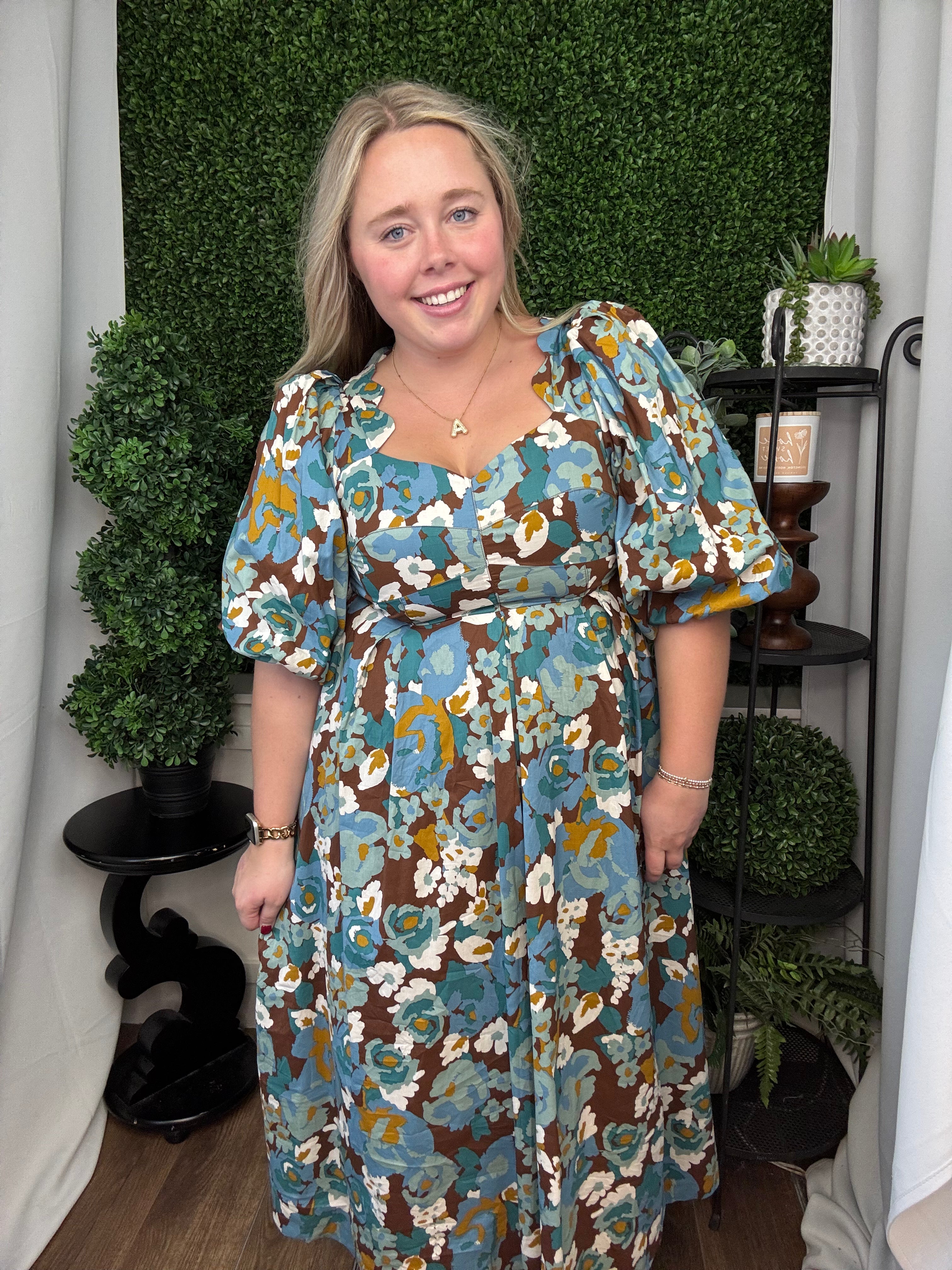 BUBBLE SLV SCALLOPED DRESS - BROWN TEAL