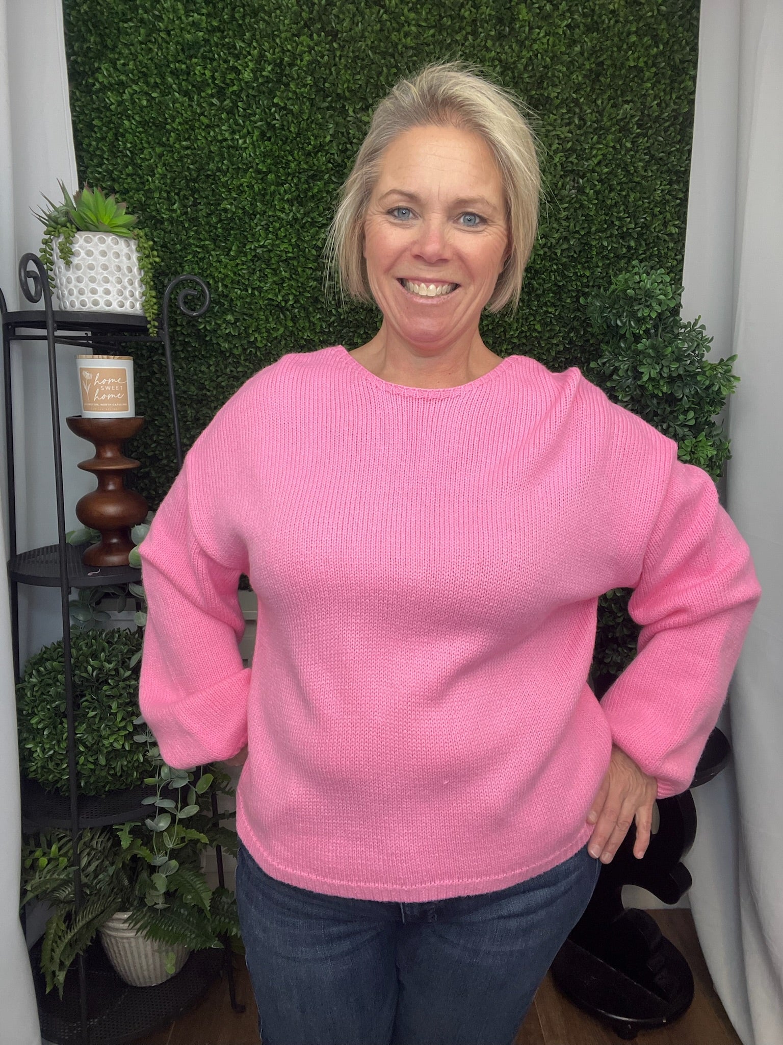 LOVE BACKLESS BUBBLE SLEEVE BACK BOW SWEATER - PINK