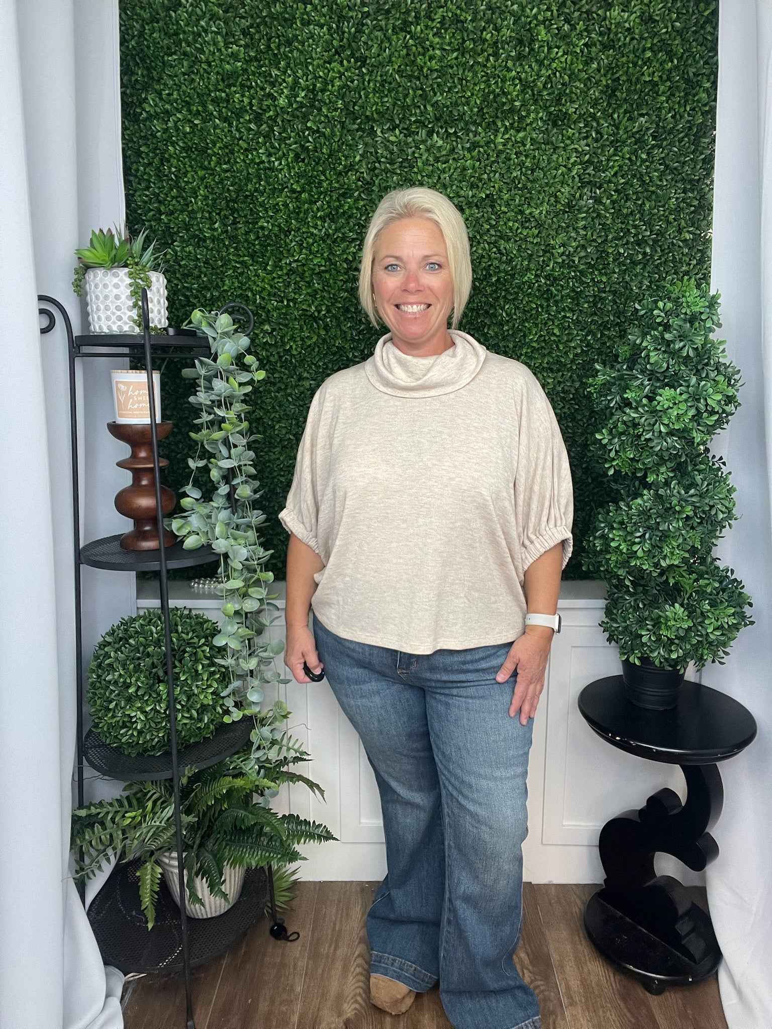 SOLID DOLMAN SLEEVE TOP W/TURTLENECK - OATMEAL