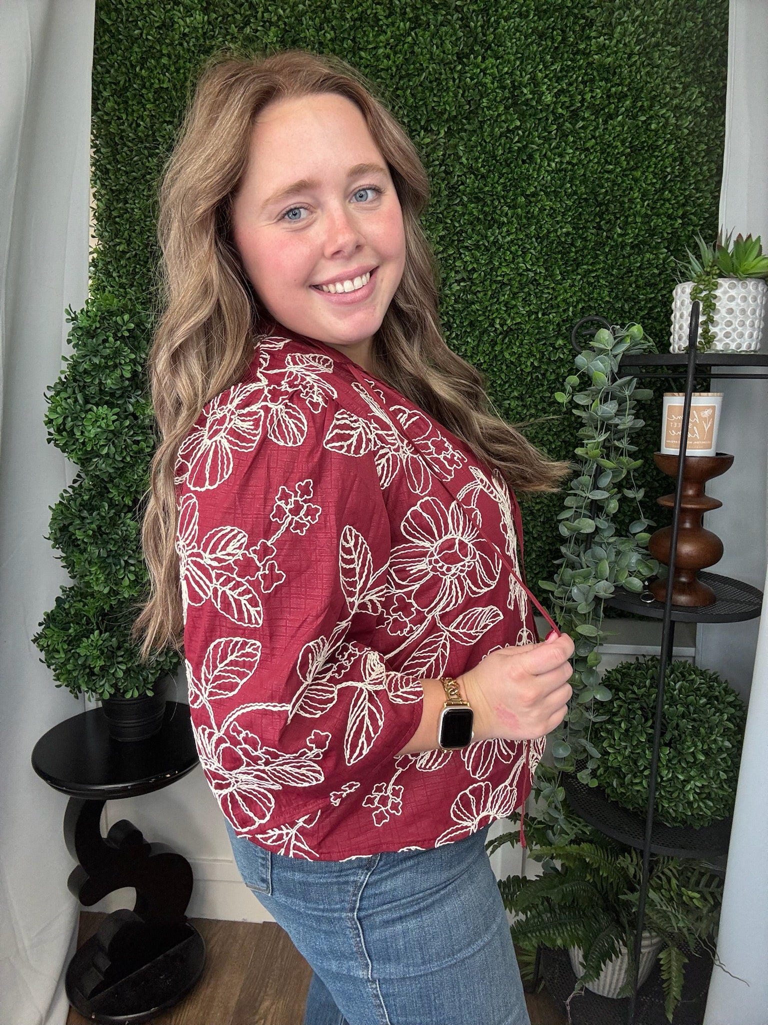 V-NECK WIDE SLV BLOUSE - BURGUNDY