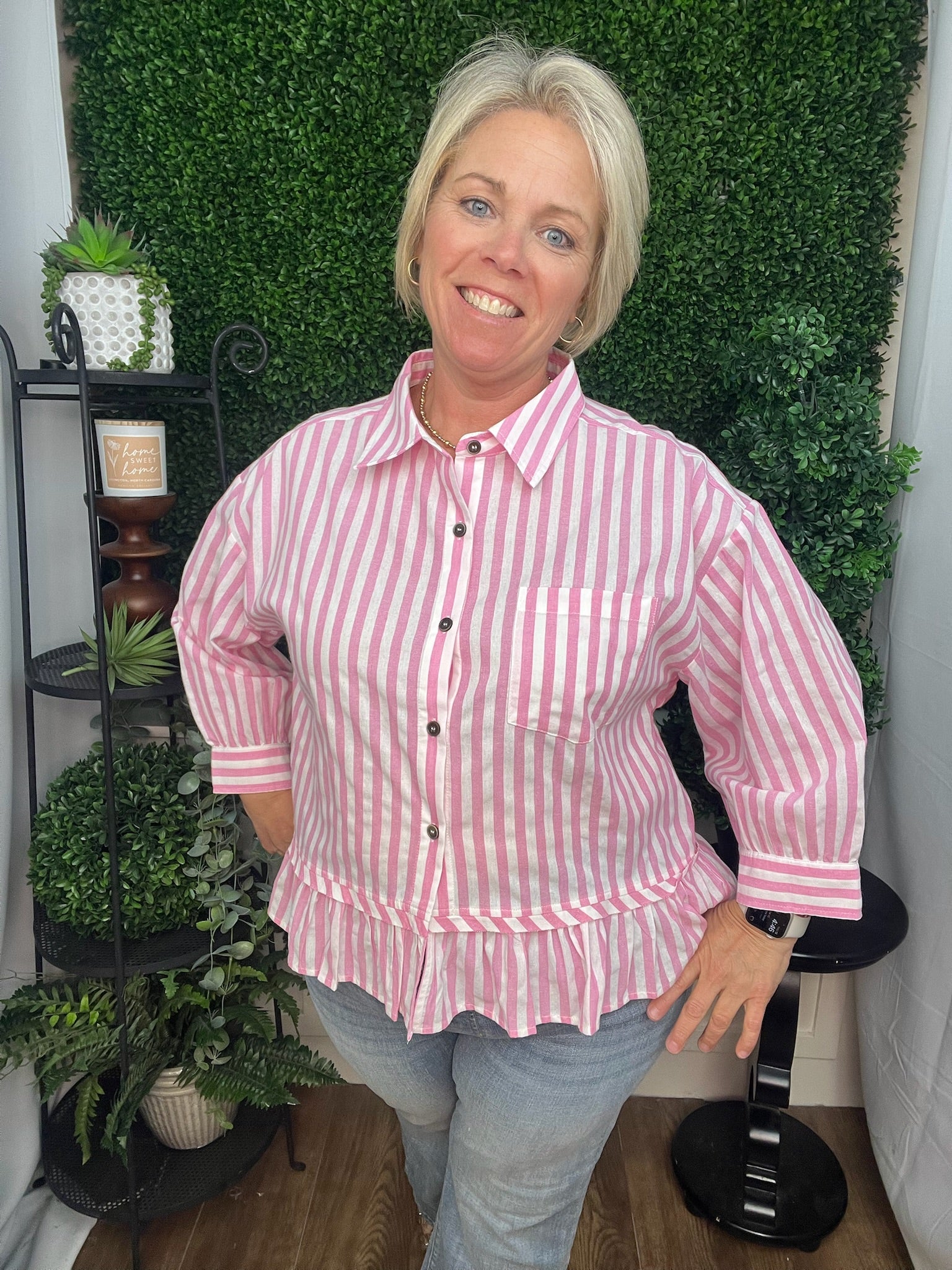 PINK STRIPE RUFFLE BOTTOM TOP