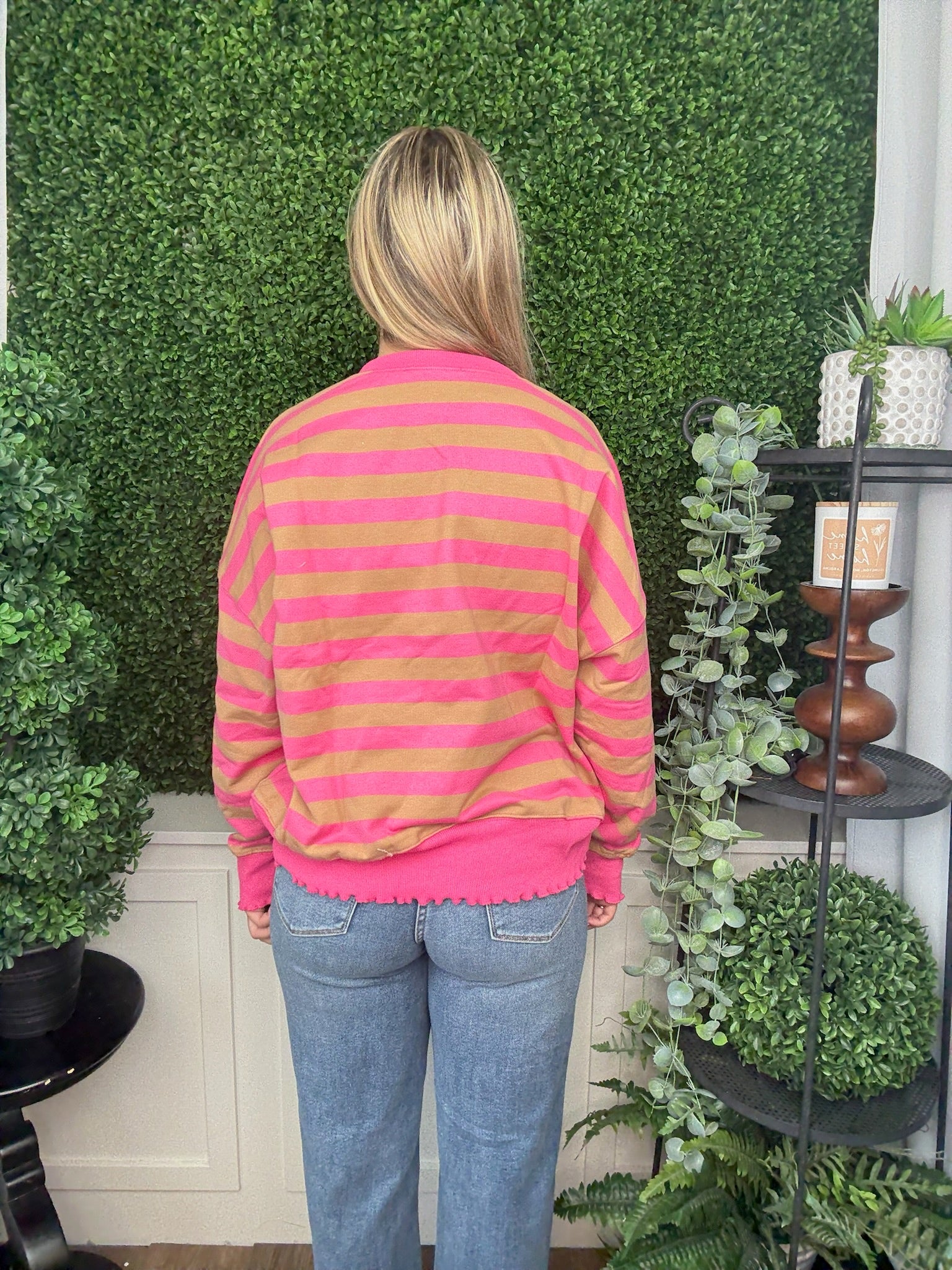 COLOR BLOCK STRIPED LETTUCE HEM DETAIL - PINK/TAUPE