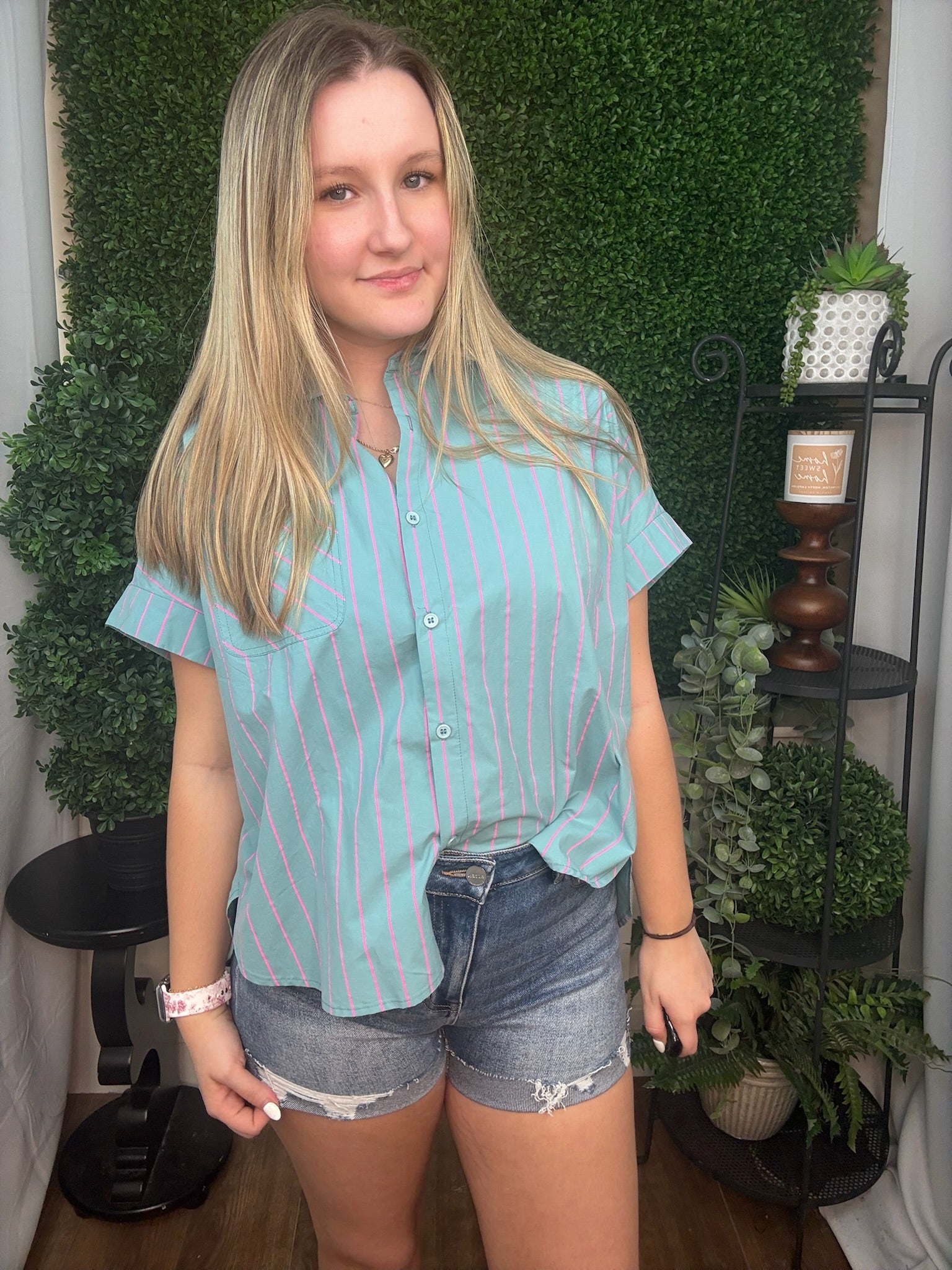 OVERSIZED STRIPED BUTTON DOWN CASUAL SHIRT TOP - MINT