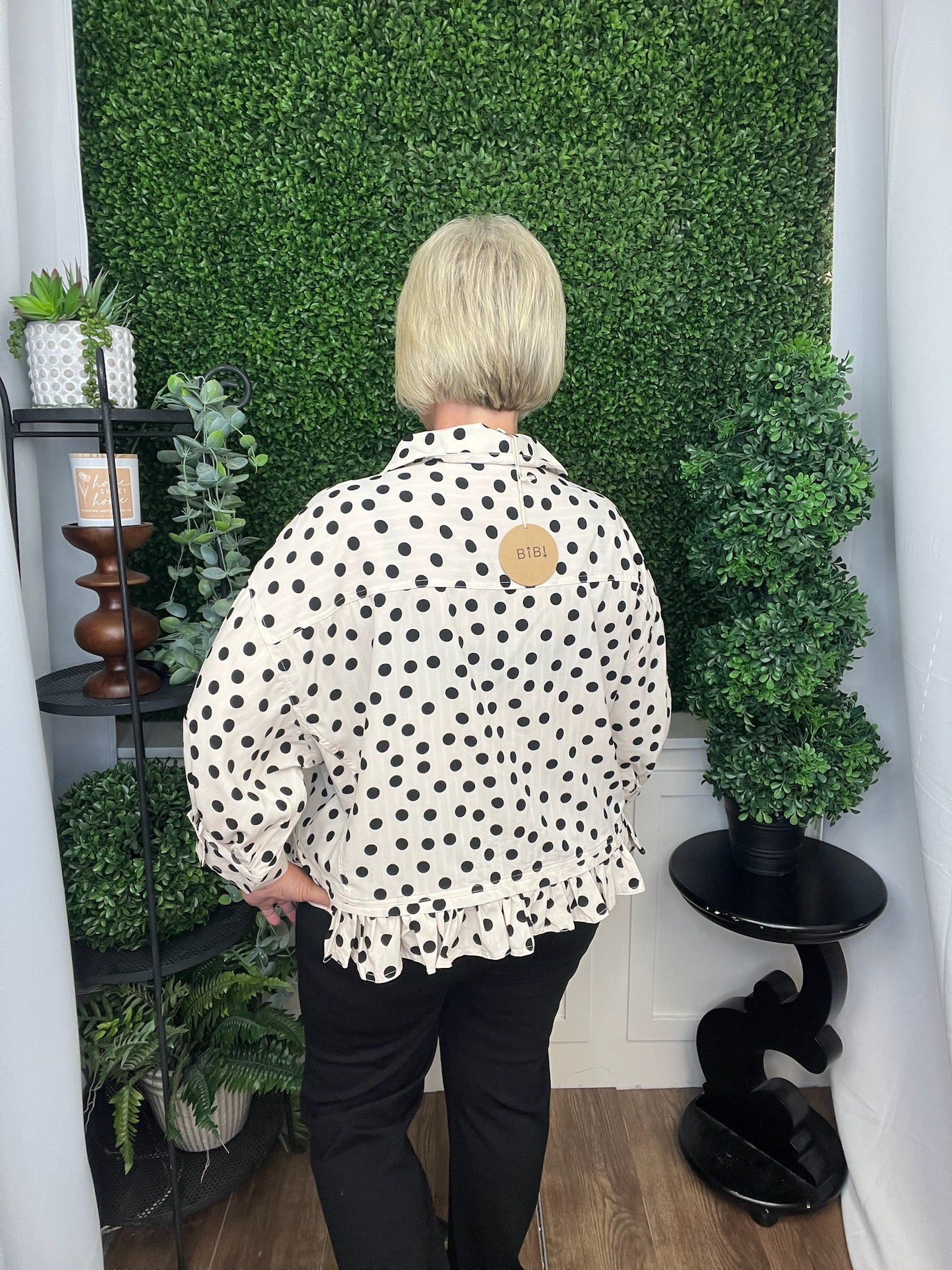 POLKA DOT PRINTED PEPLUM TOP - OFF WHITE/BLACK