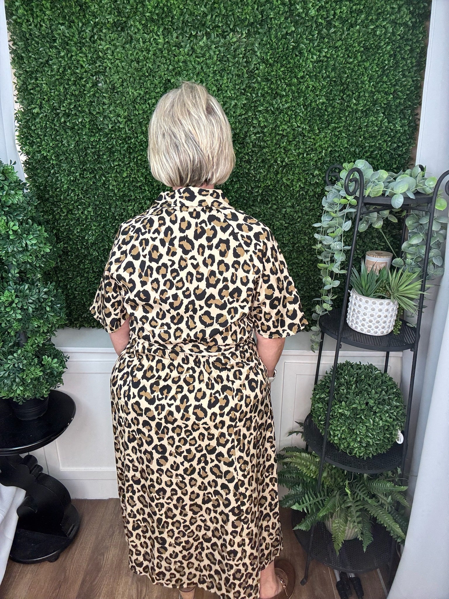 HALF SLEEVE BUTTON LEOPARD WOVEN MIDI DRESS - TAUPE