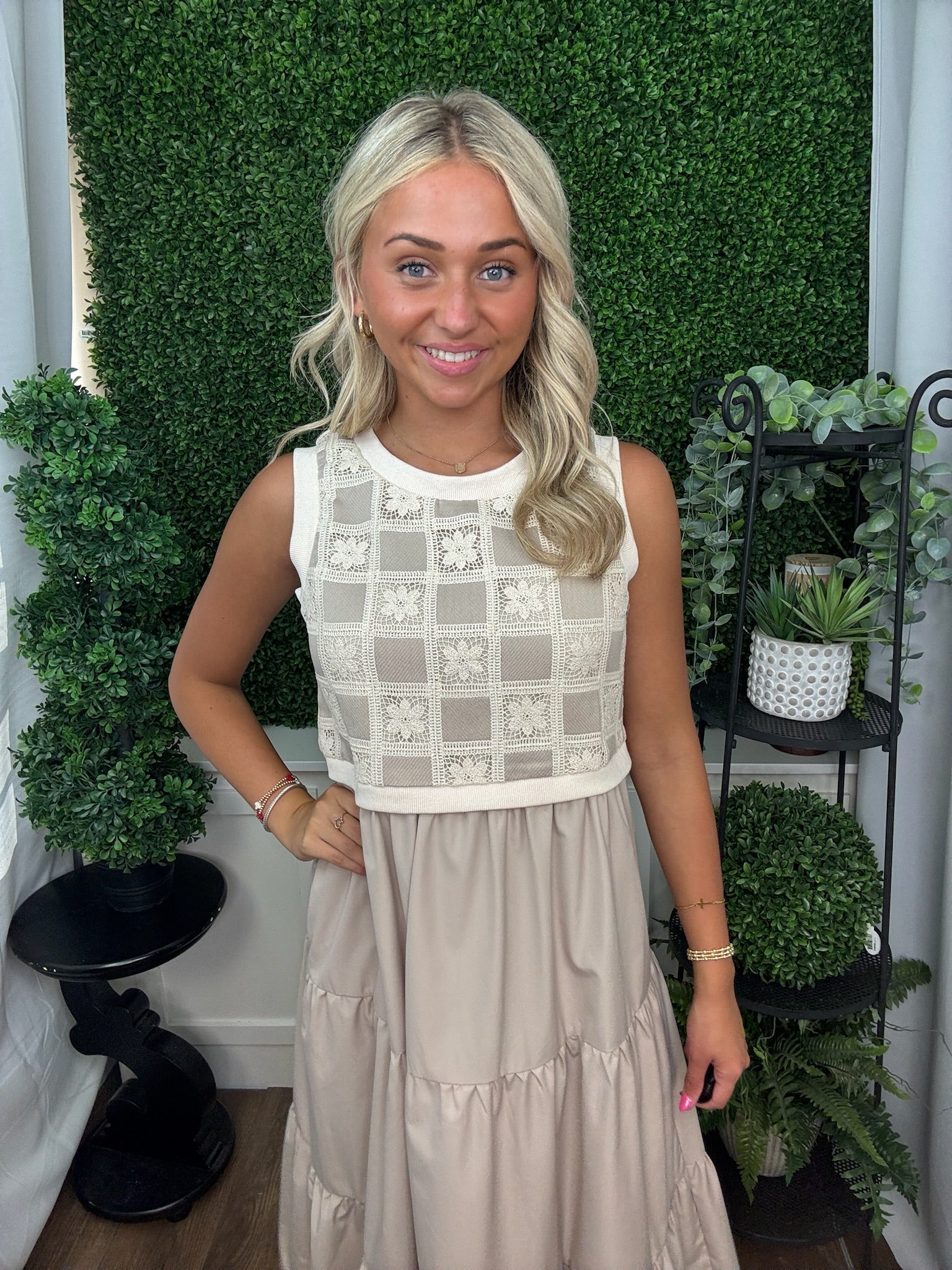 Mixed Fabric Midi Tiered Midi Dress - Taupe