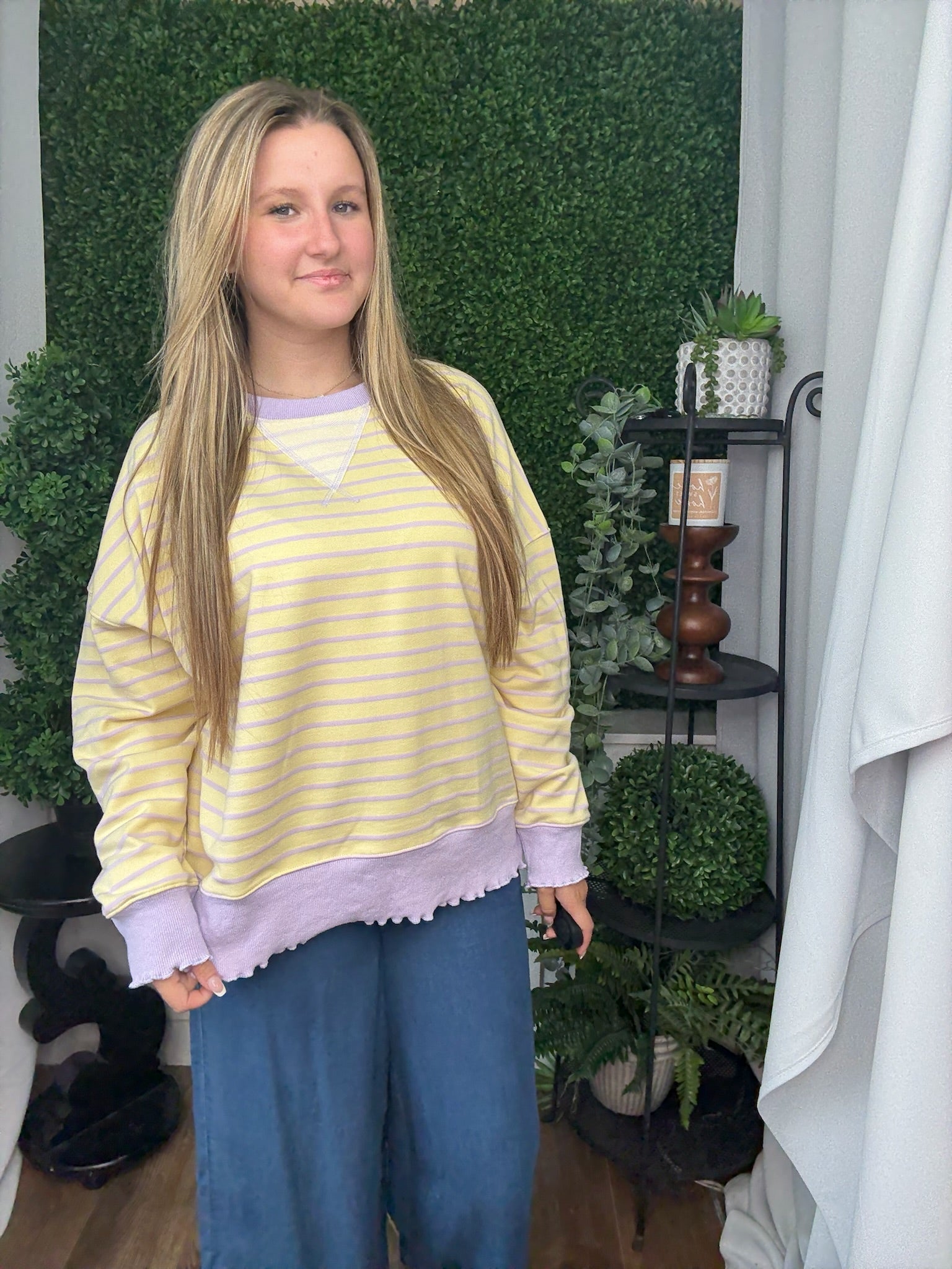 STRIPE TERRY TOP W/ LETTUCE RIB - YELLOW/LT PURPLE