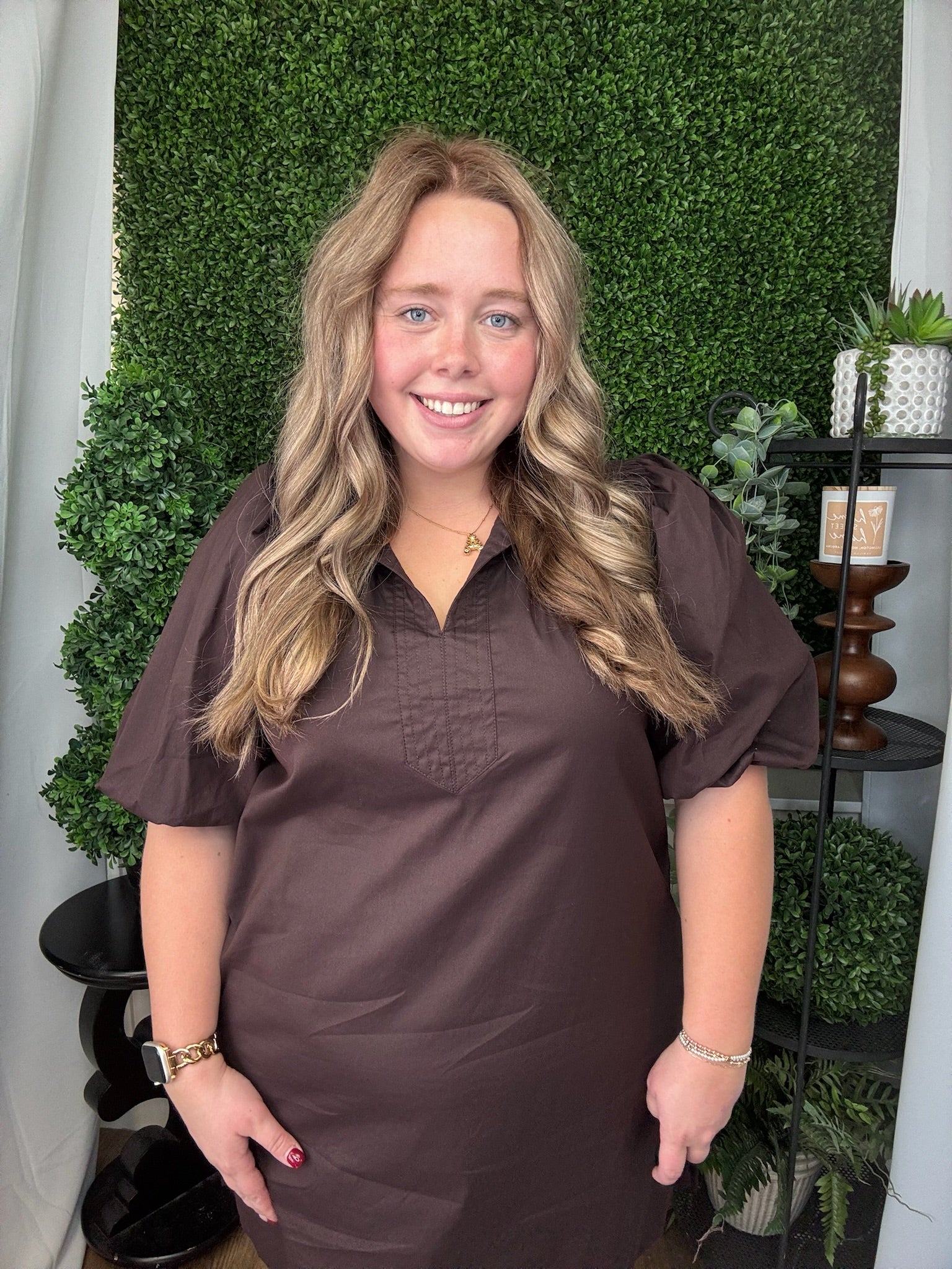 CHINA COLLAR V-NECK BUBBLE SLV MINI DRESS - BROWN