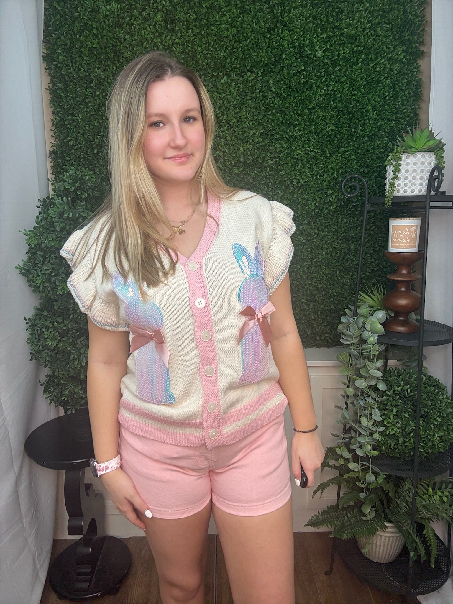 IVORY SWEATER VEST WITH SEQUIN BUNNIES