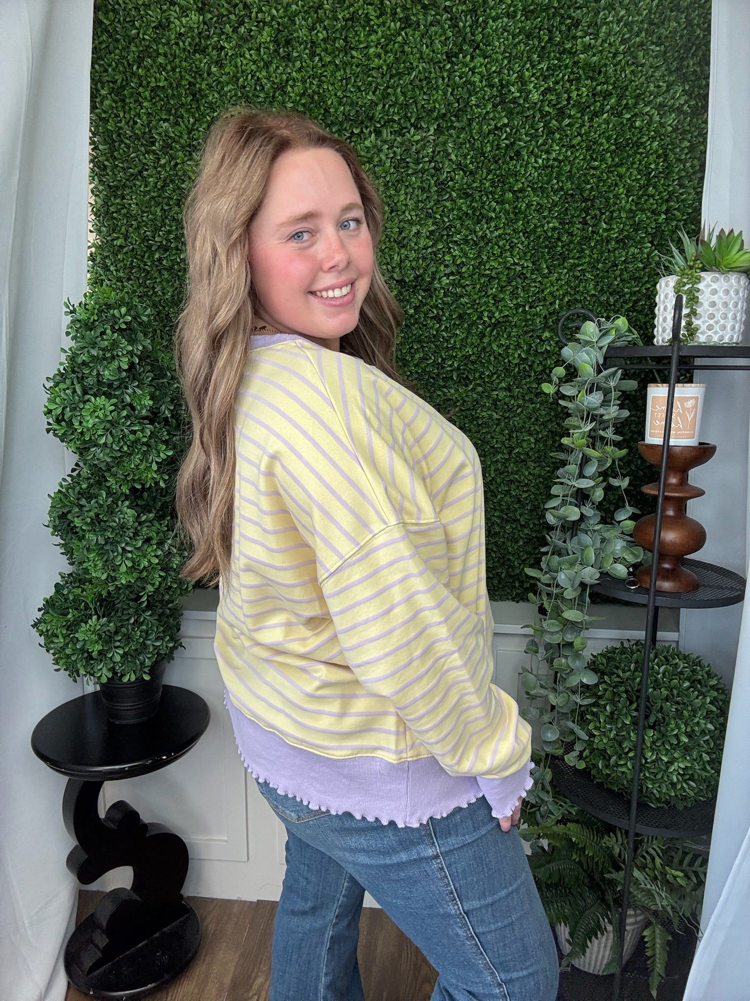 STRIPE TERRY TOP W/ LETTUCE RIB - YELLOW/LT PURPLE