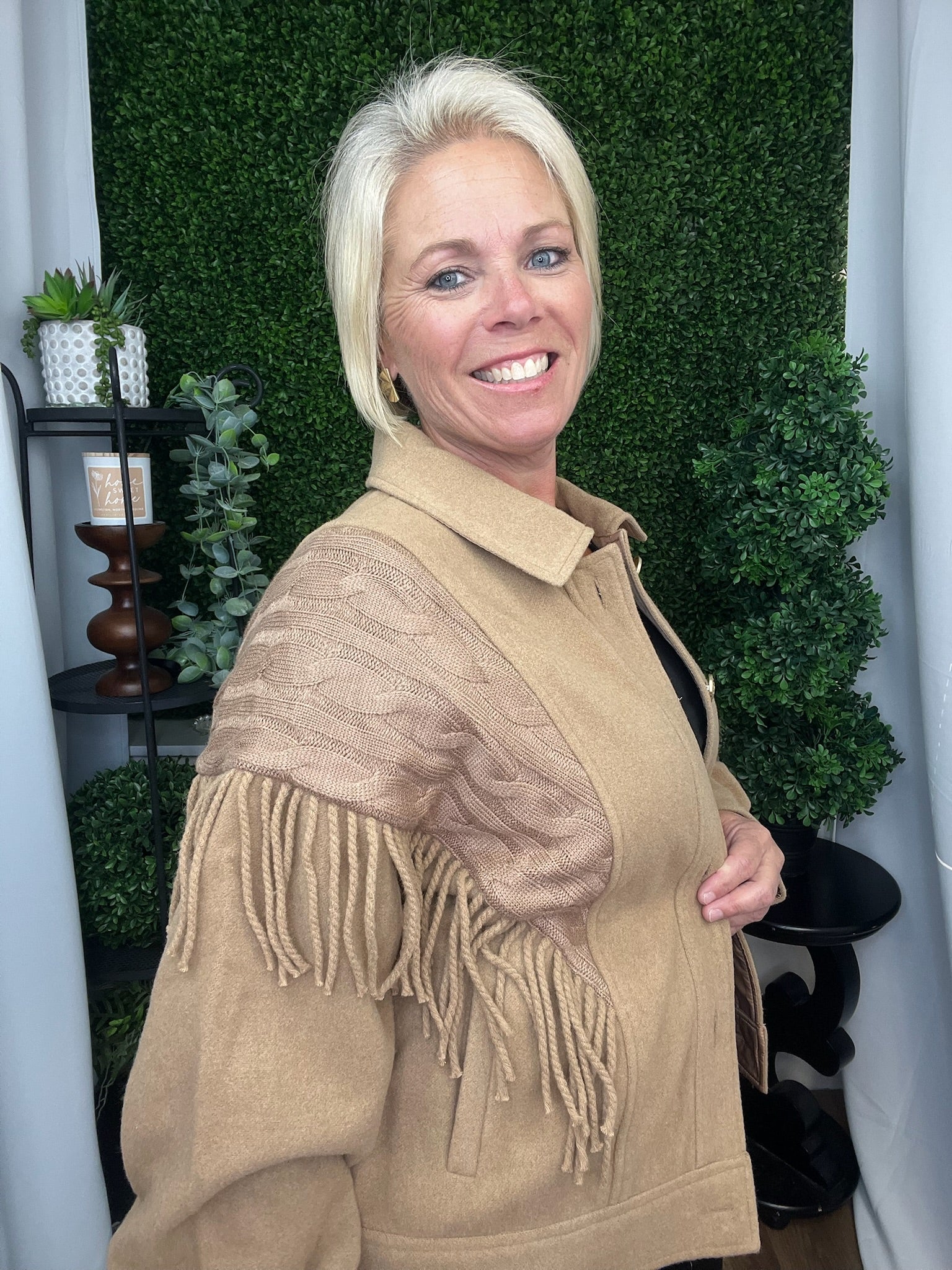 BUTTON FRONT FRINGE & KNIT DETAILS JACKET - BISCOTTI