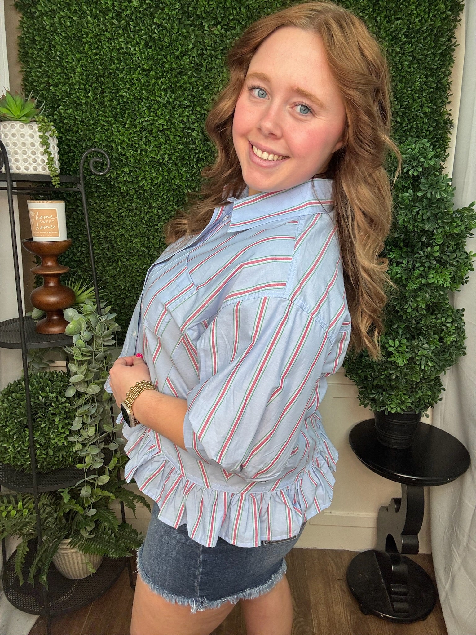 Skyline Stripe Ruffle Hem Blouse