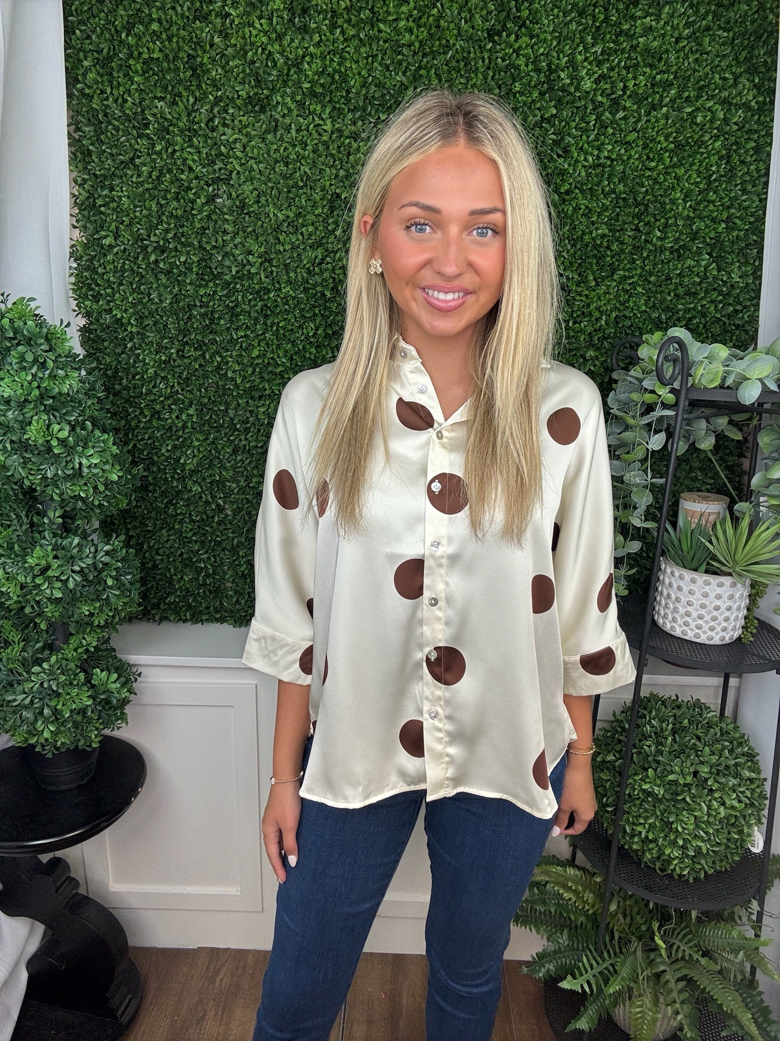 POLKA DOT BUTTON FRONT BLOUSE - BURGUNDY/CREAM