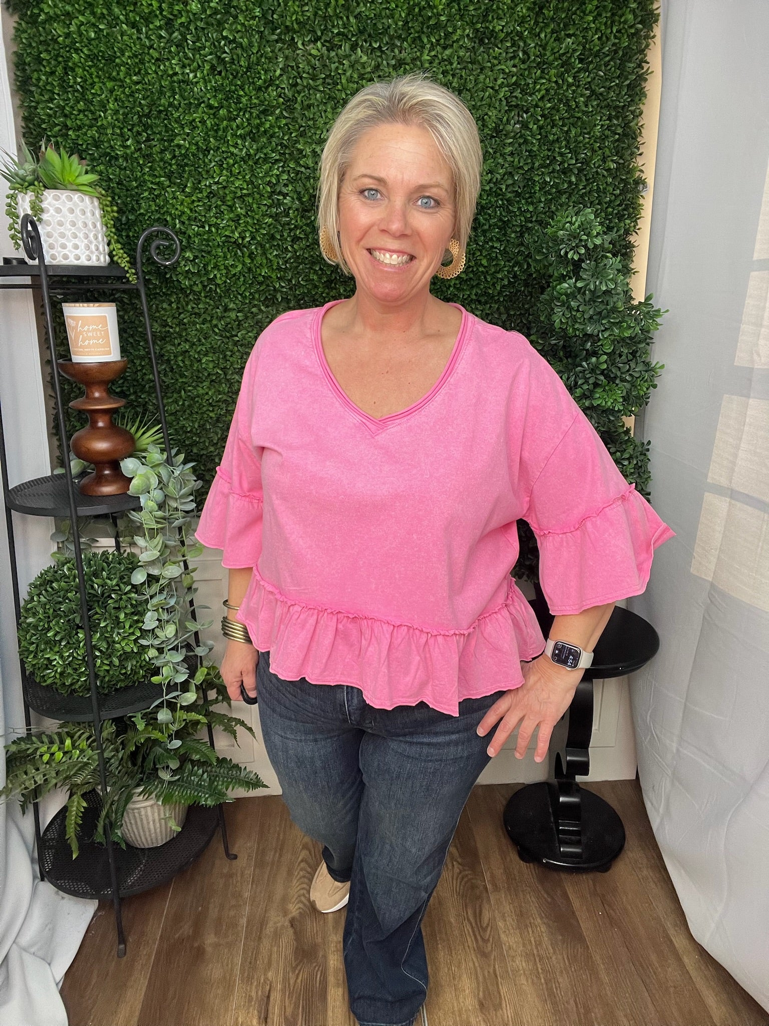 Pink Solid Washed Ruffle Hem Knit Top