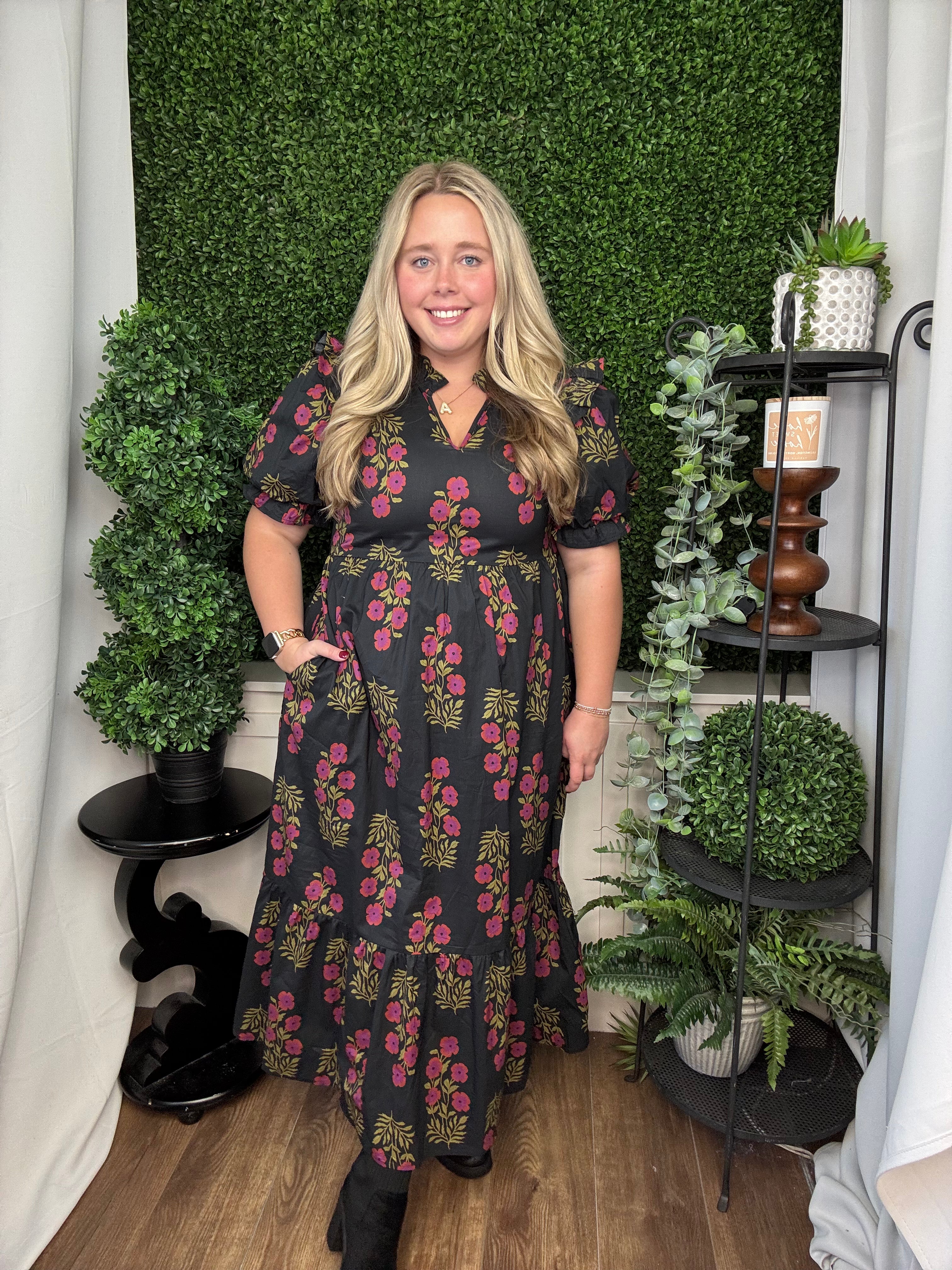 FLORAL PRINT SHORT PUFF SLEEVE MIDI DRESS