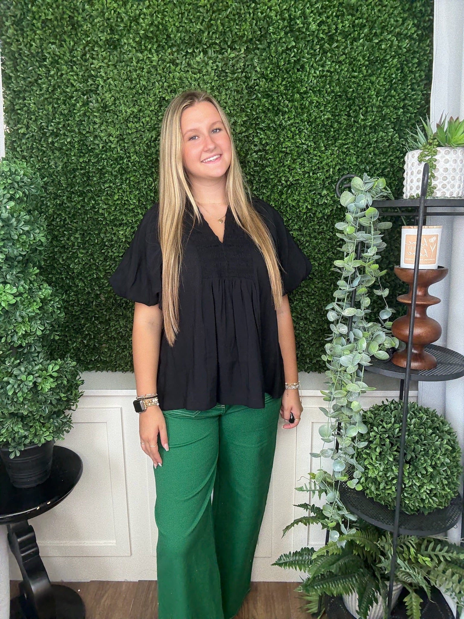 FRONT SMOCKING YOKE TOP - BLACK