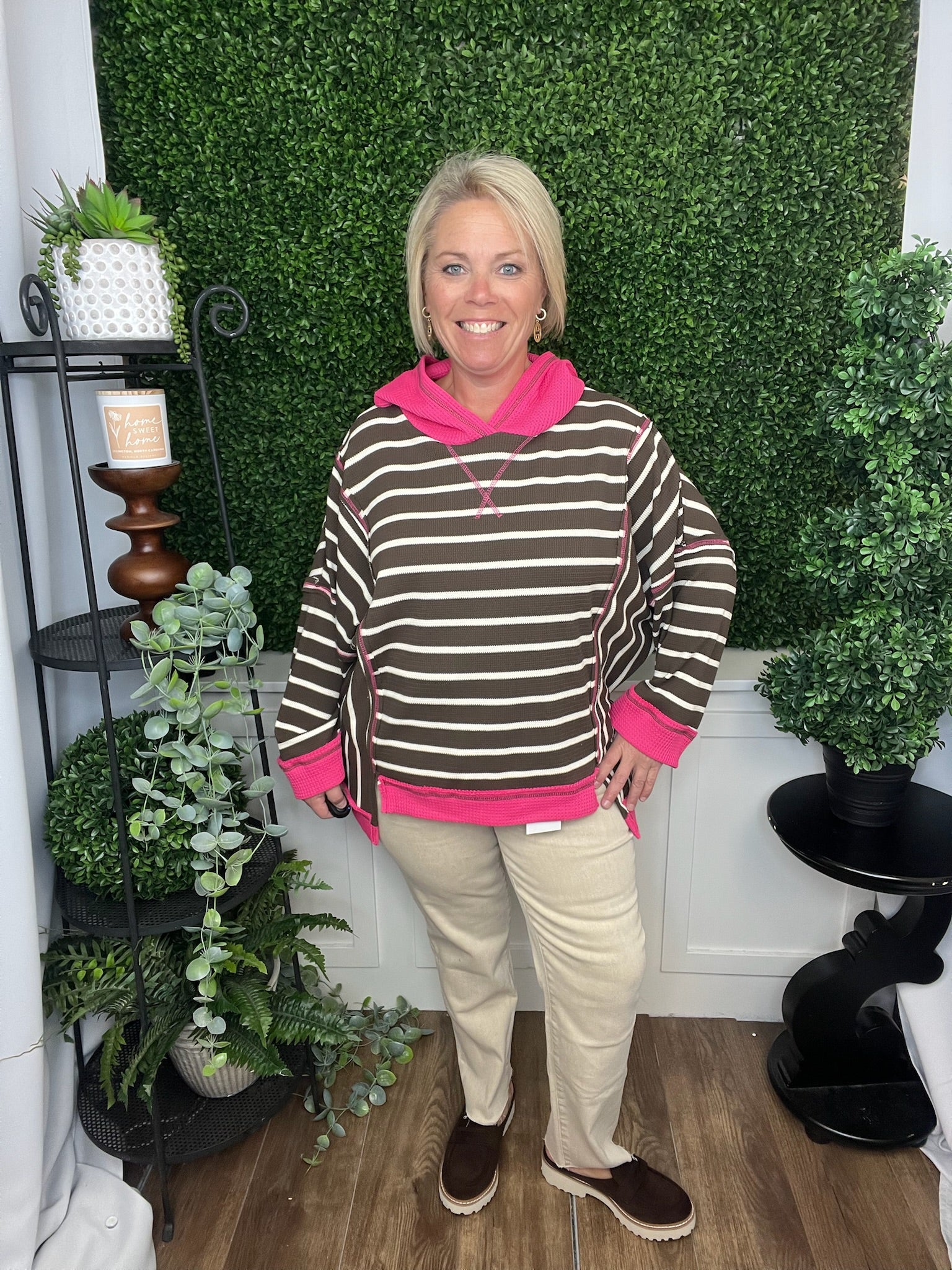 THERMAL STRIPE COLORBLOCK HOODIE - BROWN