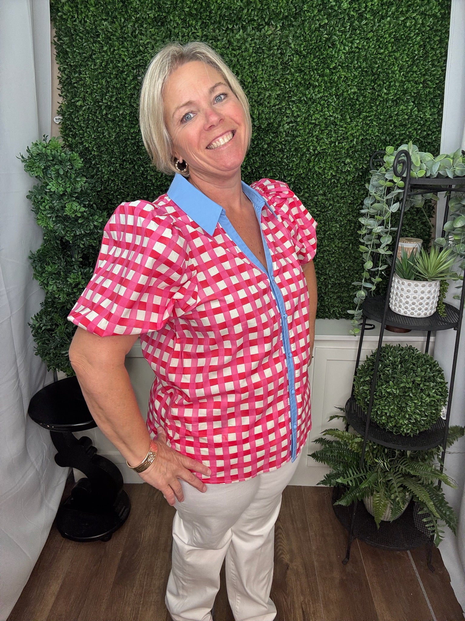 Gingham Puff Sleeve Contrast Collar Blouse