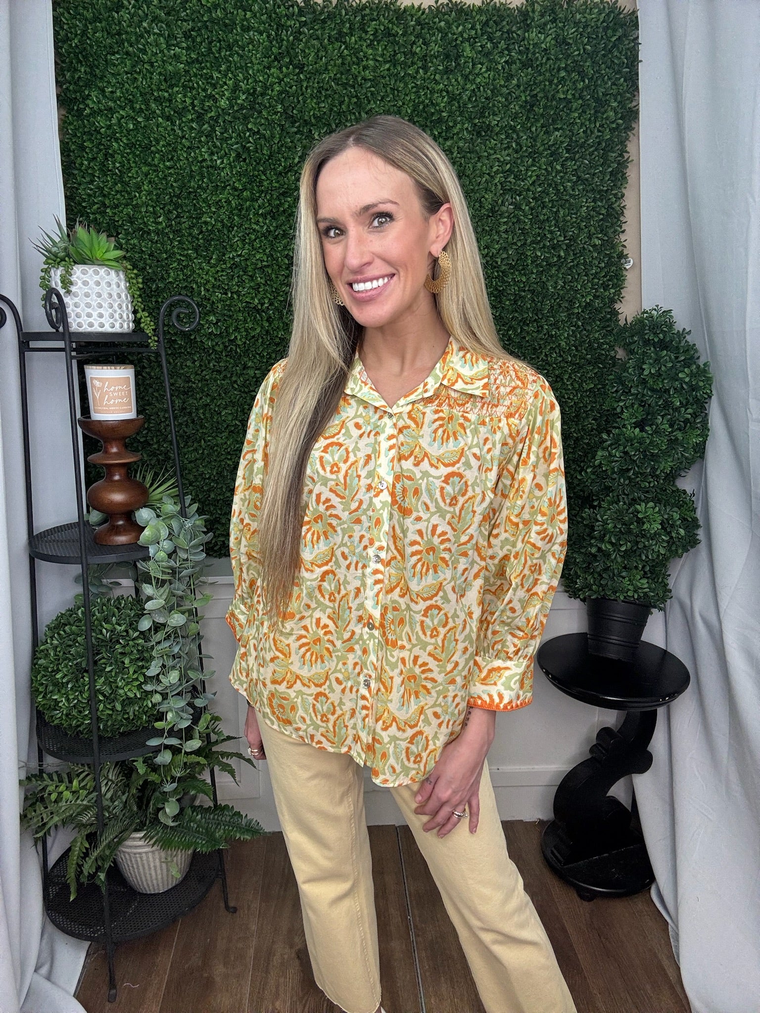 SMOCKED DETAIL BUTTON FRONT TOP - MULTI