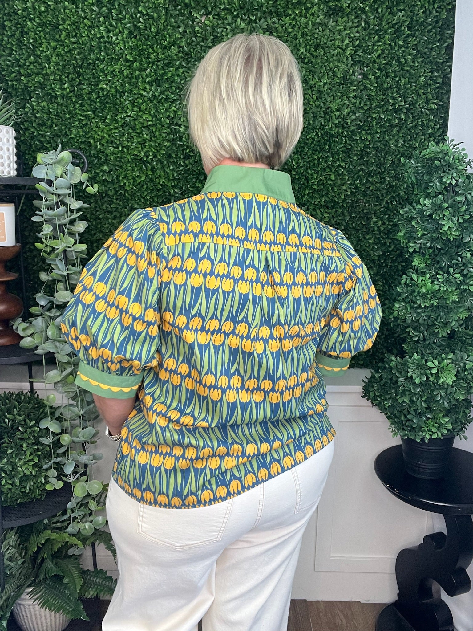 FLORAL PATTERN CUFF BAND SHORT SLEEVE TOP - TEAL