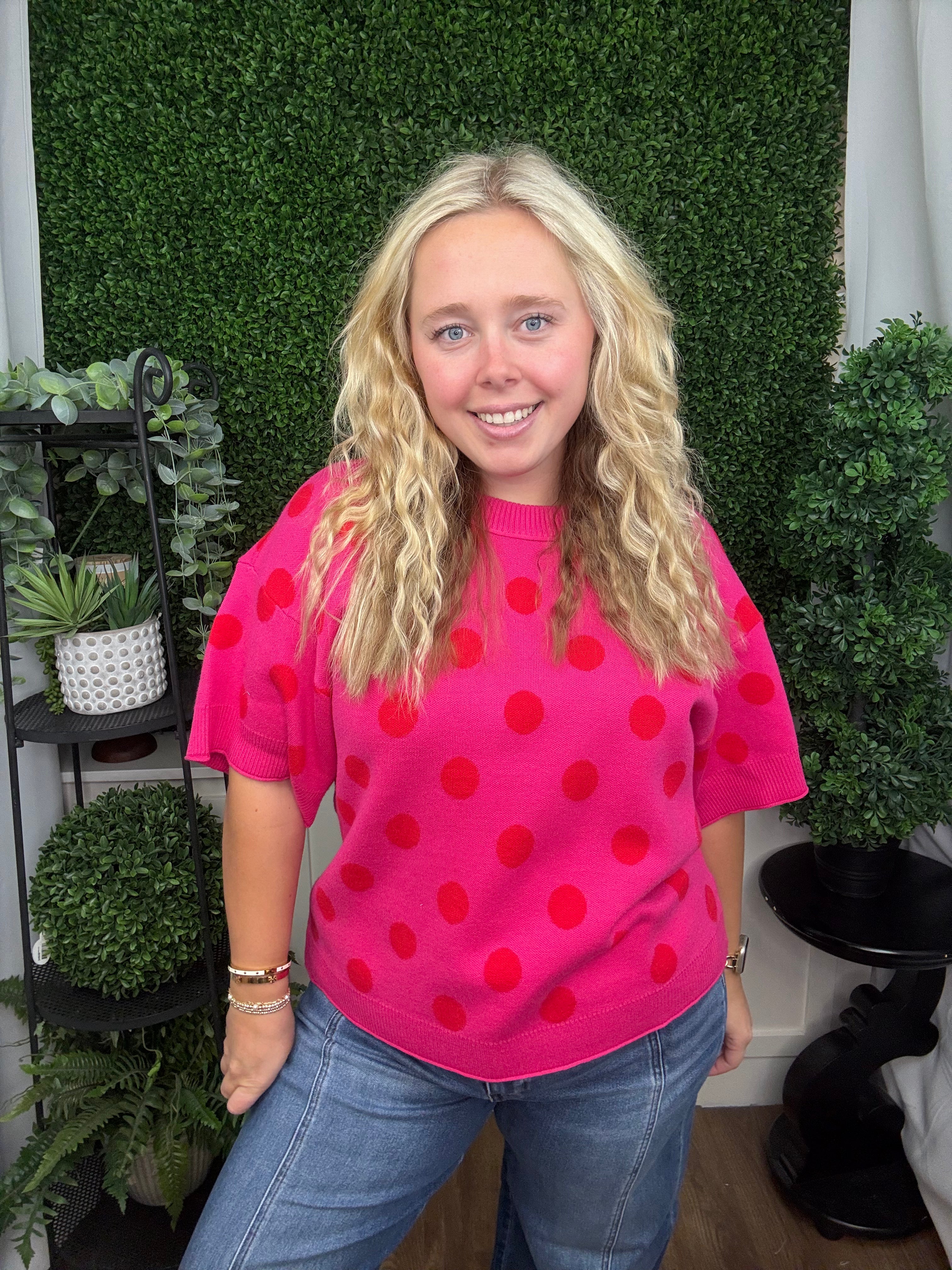 Hot Pink Polka Dot Knit Top