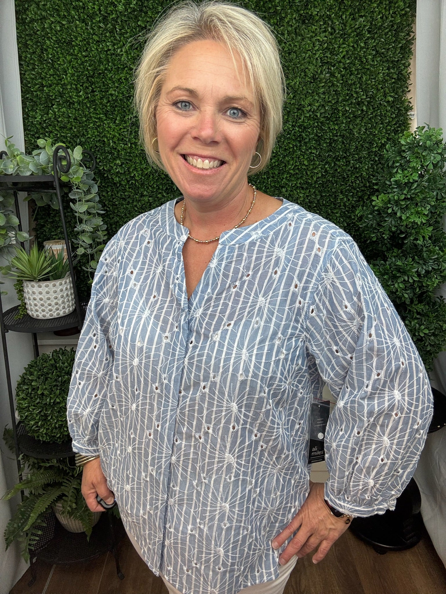 3/4 SLEEVE ALL OVER EYELET EMBROIDERY TOP - BREEZE