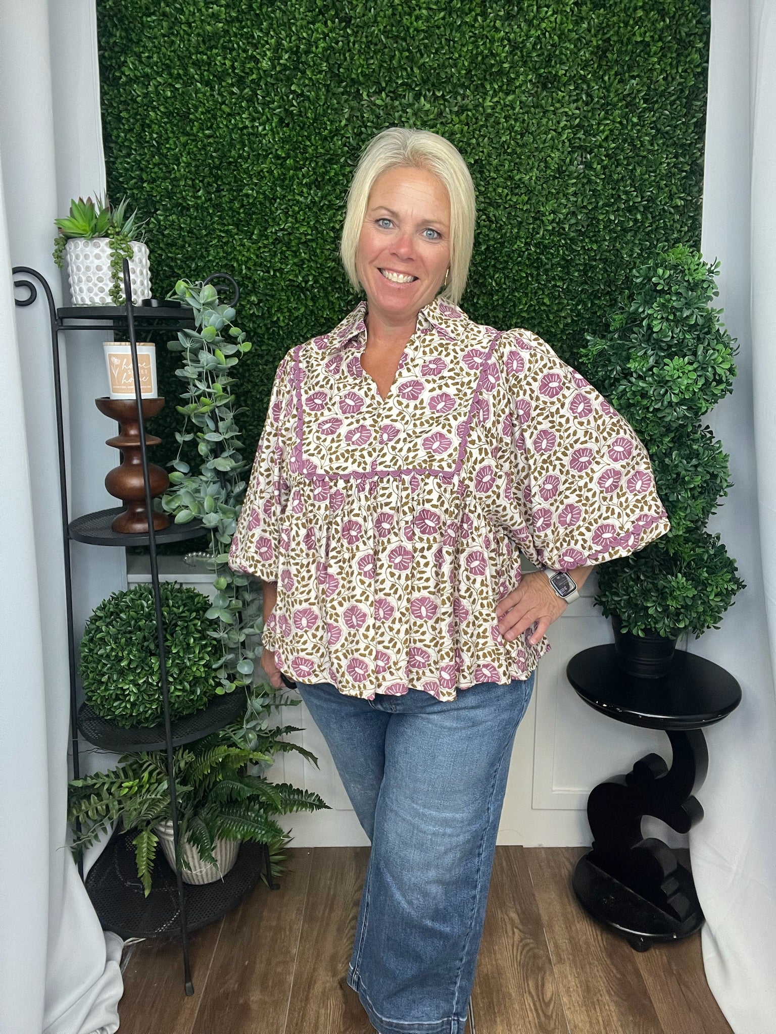 FLORAL PRINT LONG LANTERN SLEEVE TOP - PURPLE