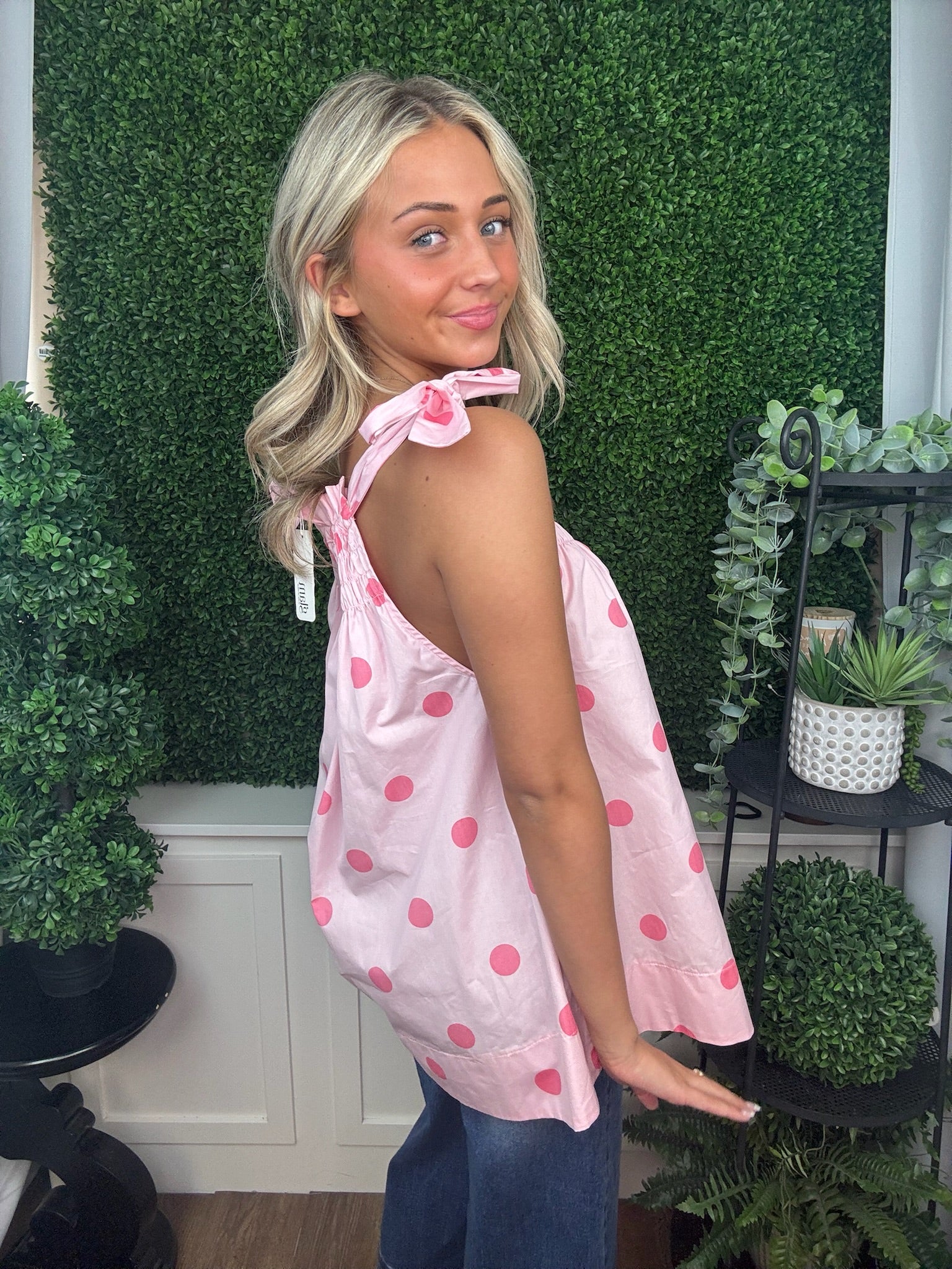 Sweet Dot Smocked Tie-Shoulder Top