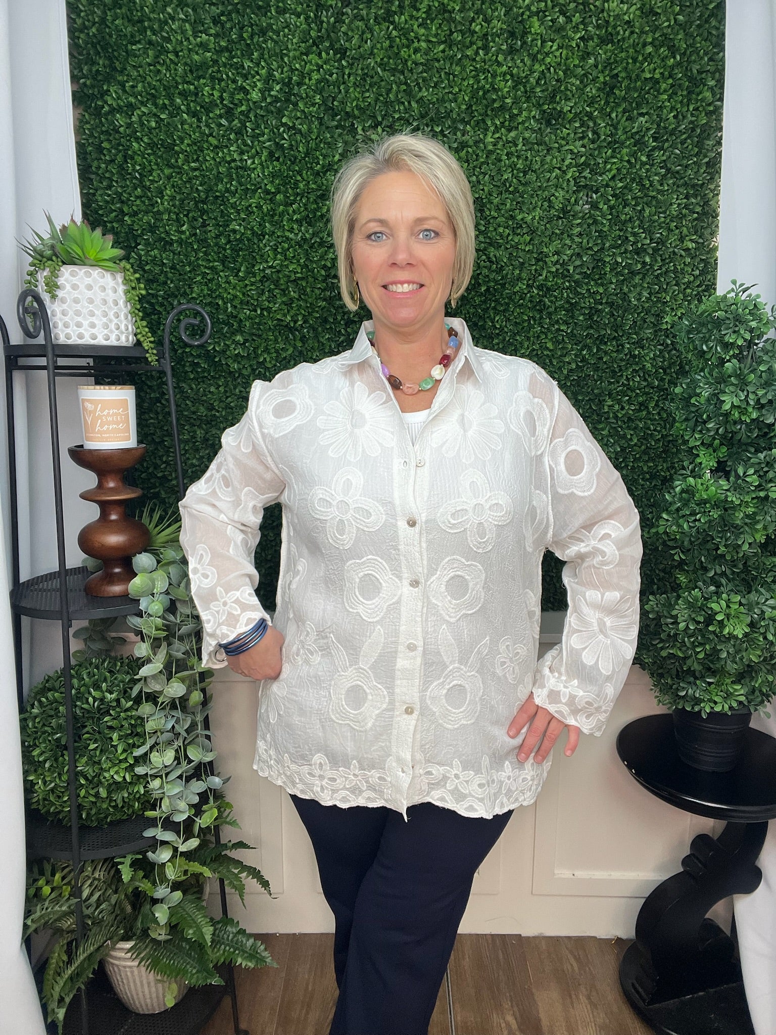 CHARLENE BUTTON FRONT EMBROIDERED TOP - WHITE