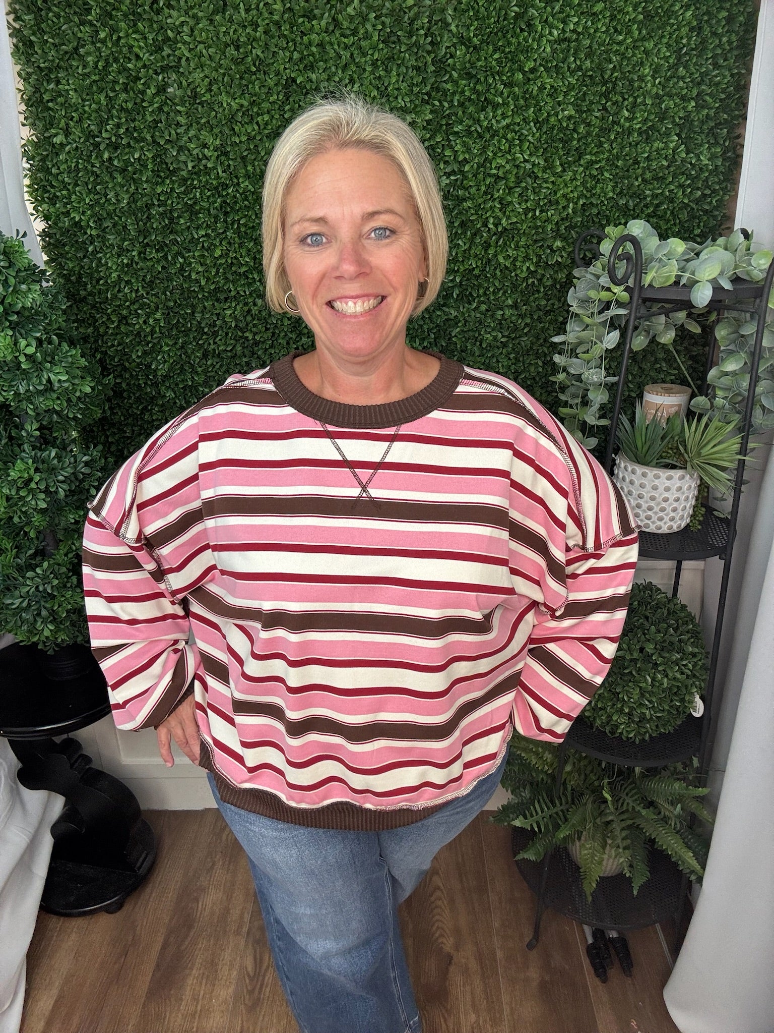 STRIPED DROP SHOULDER RIBBED TRIM PULLOVER - LAVENDER-OLIVE/ PINK-BROWN
