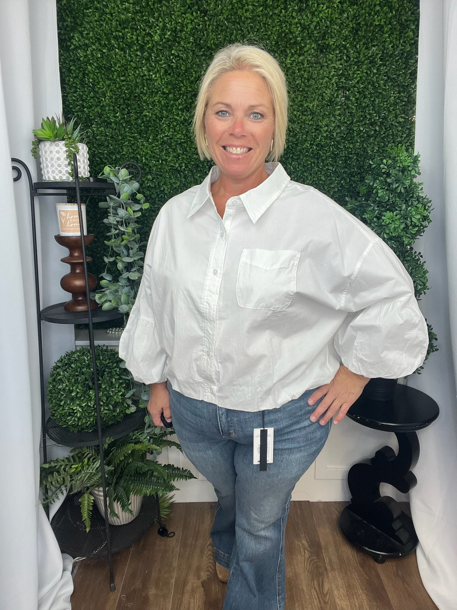 BUTTON DOWN BUBBLE SLV TOP - OFF WHITE