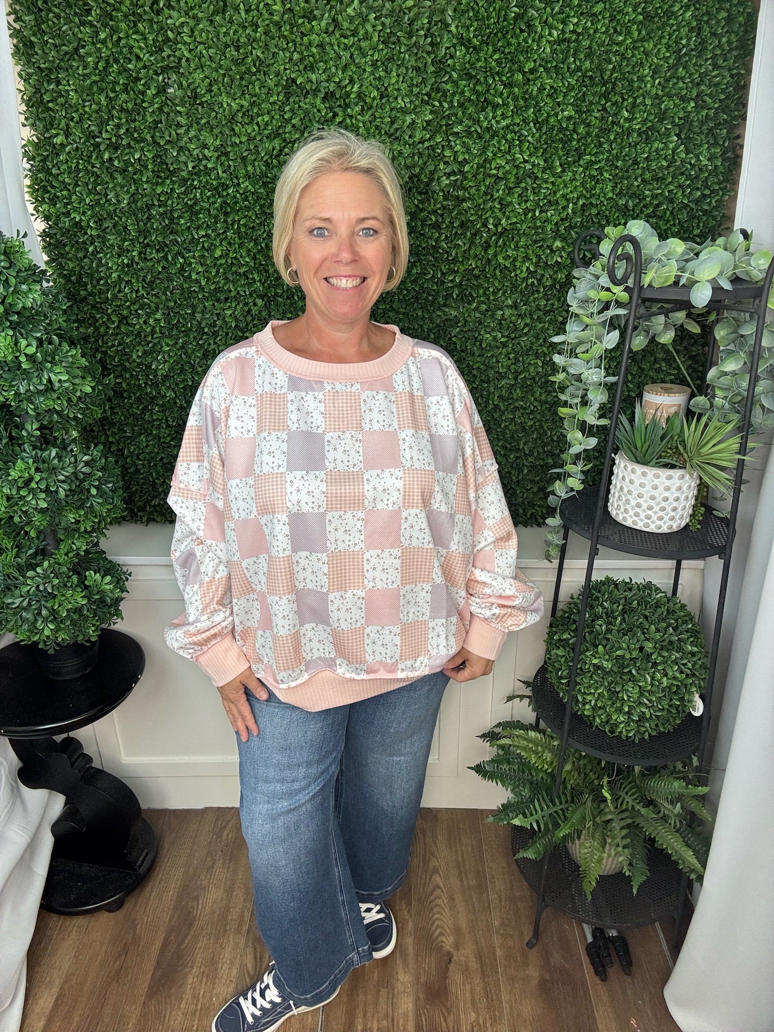 LONG SLEEVE DROP SHOULDER PATCHWORK PULLOVER - BLUSH