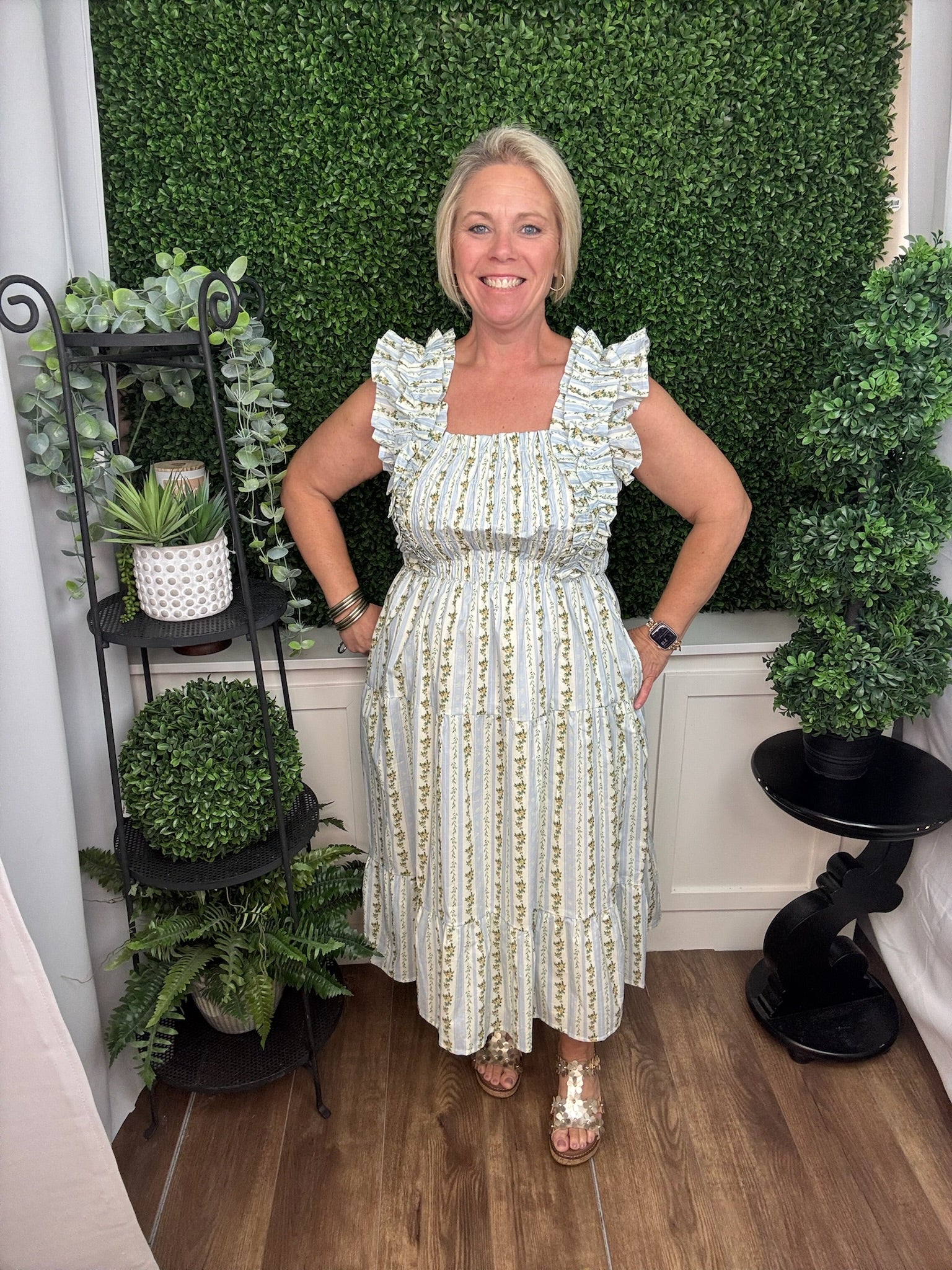 Vintage-Inspired Floral Smocked Midi Dress with Ruffle Strap Detail