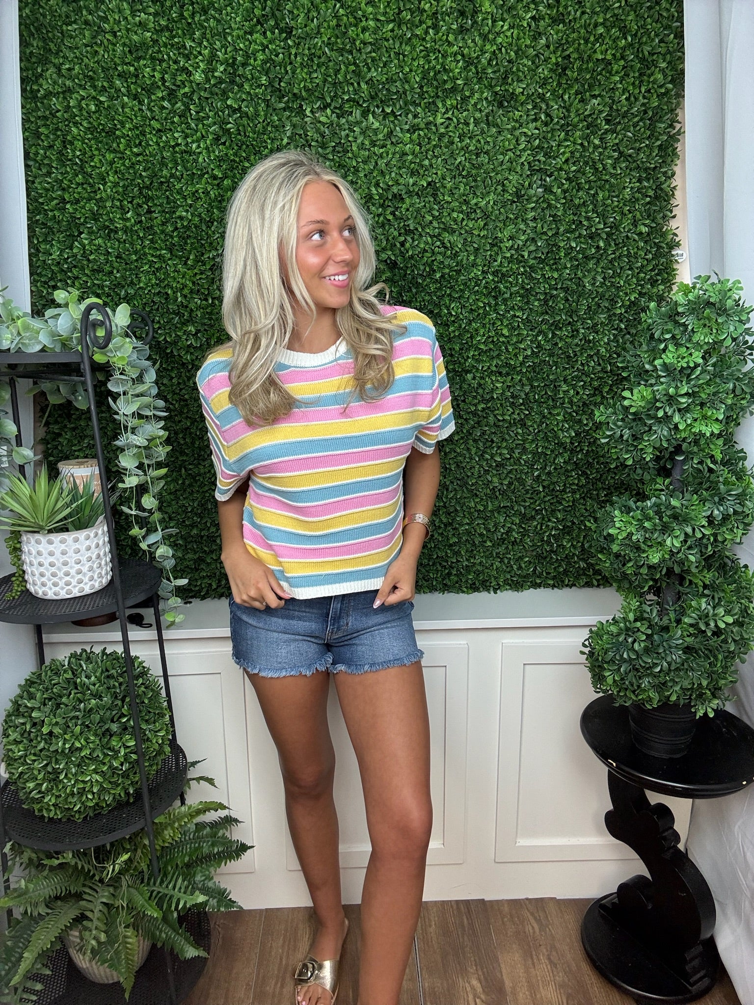 SS HORIZONTAL STRIPE KNIT TOP - IVORY/PINK