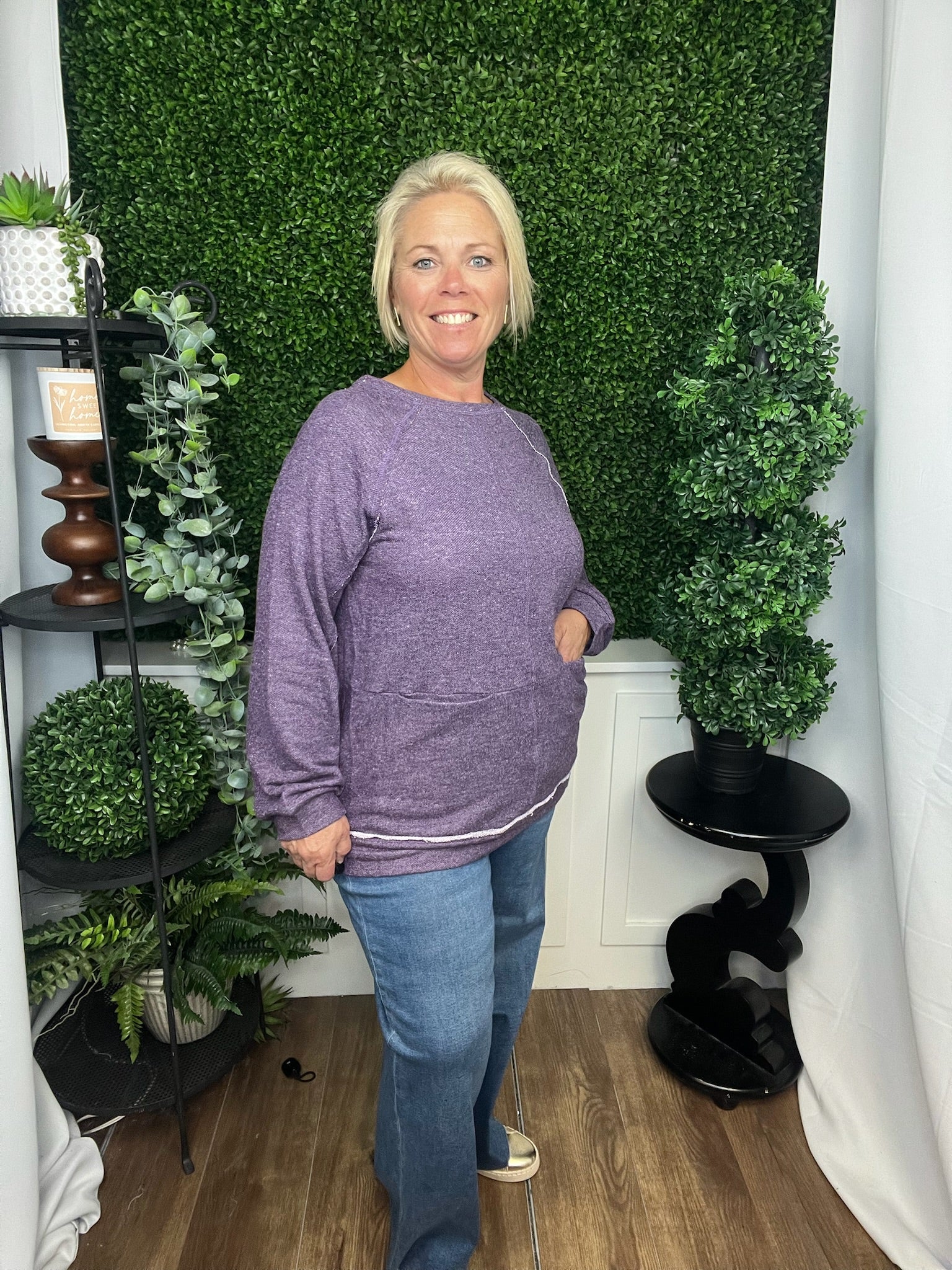 RAGLAN SLEEVE KNIT TOP W/POCKETS DK PURPLE