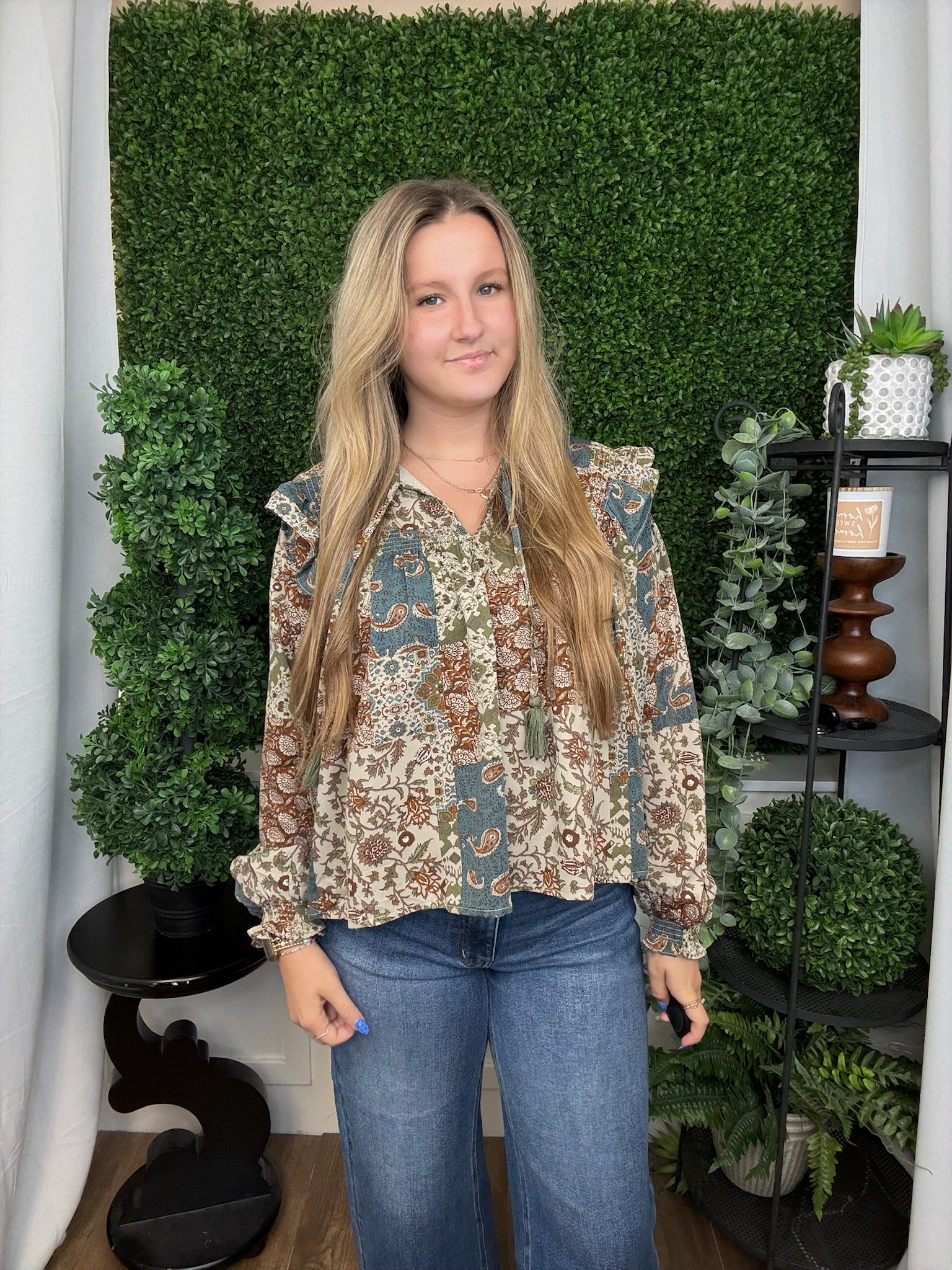 PATCHWORK PRINT SMOCKED RUFFLE BLOUSE - TEAL BLUR MULTI FLORAL