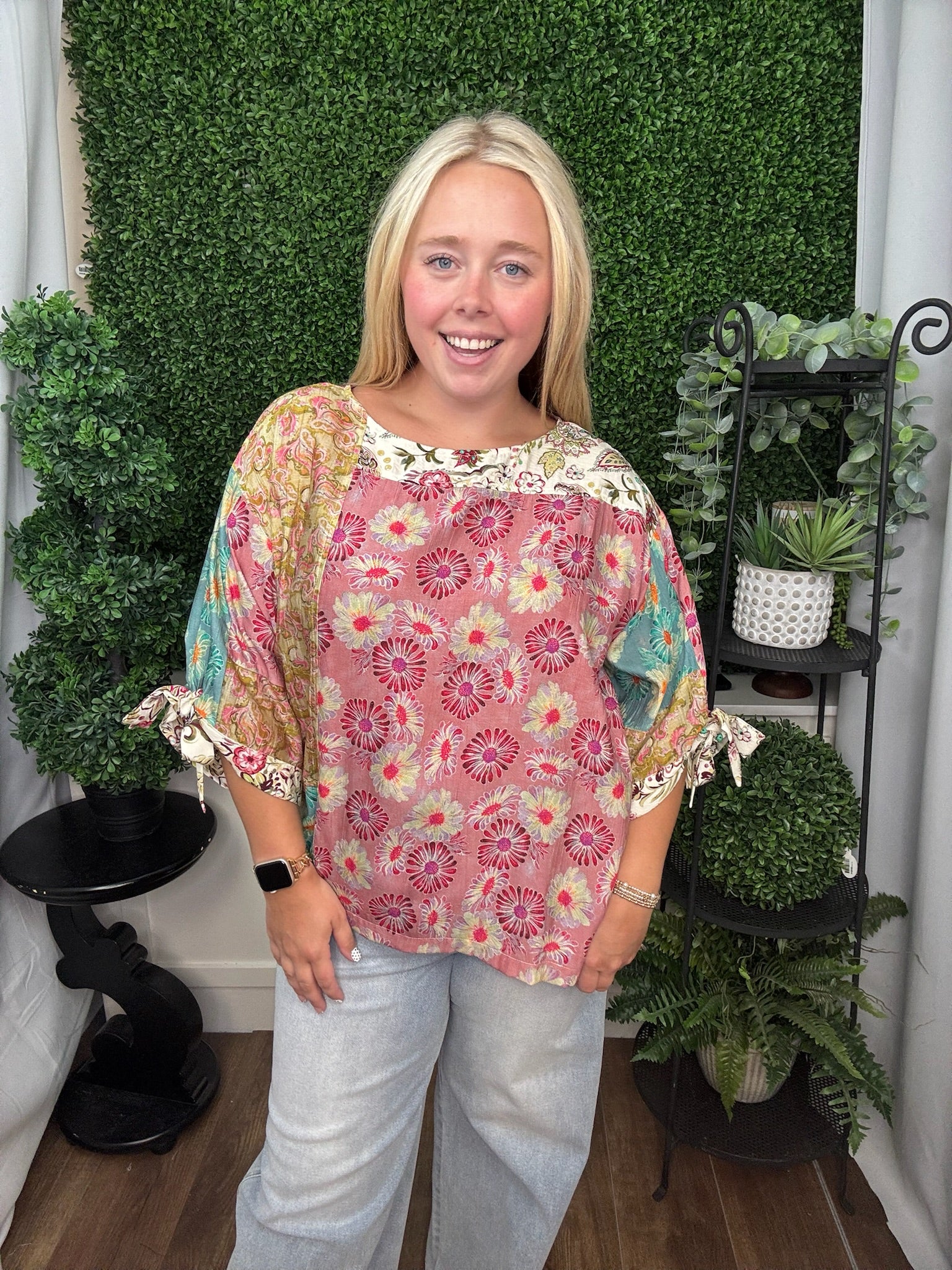 PATCHED PRINT TIE SLEEVE BOXY TOP - MULTI