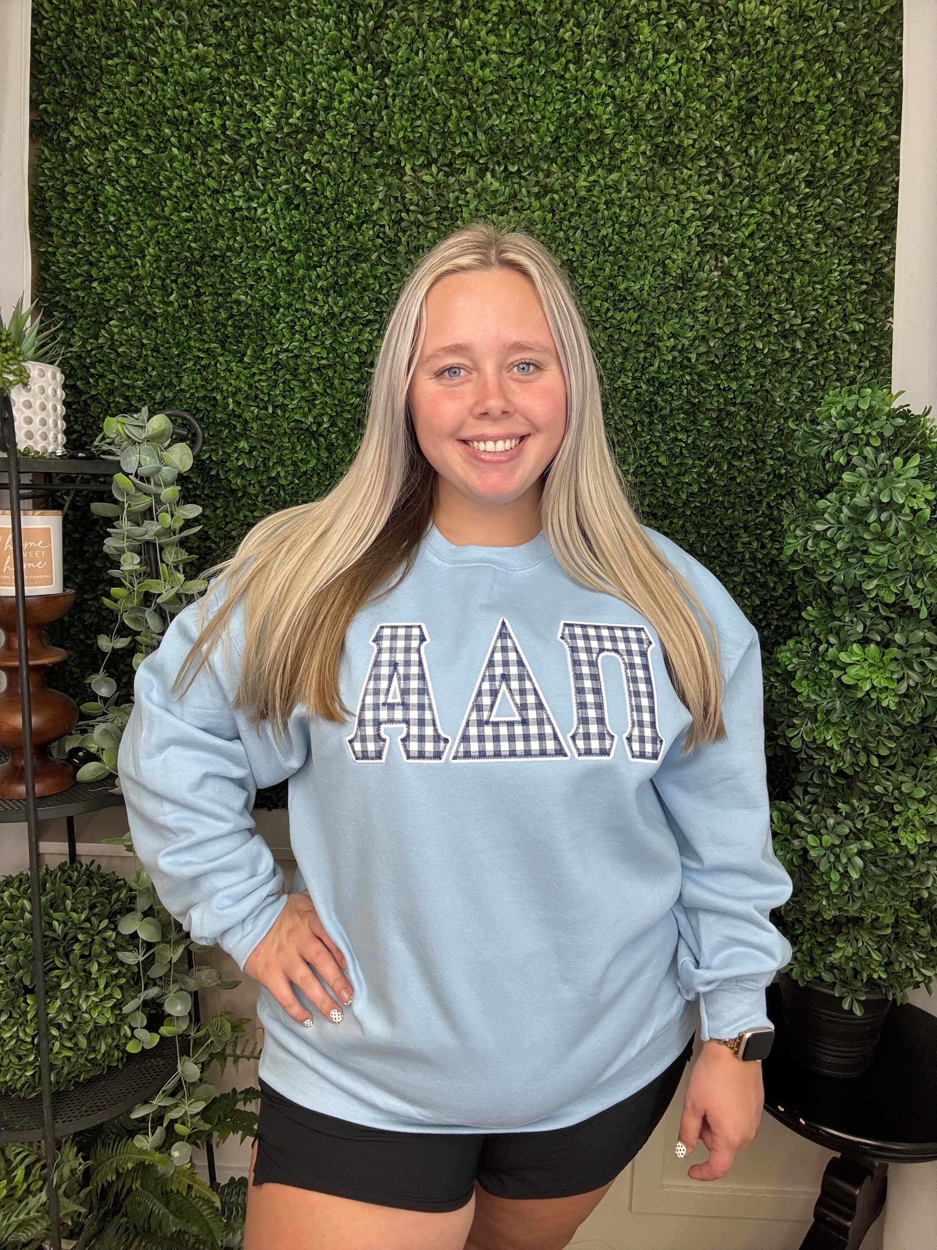 ALPHA DELTA PI GINGHAM CREWNECK - LIGHT BLUE