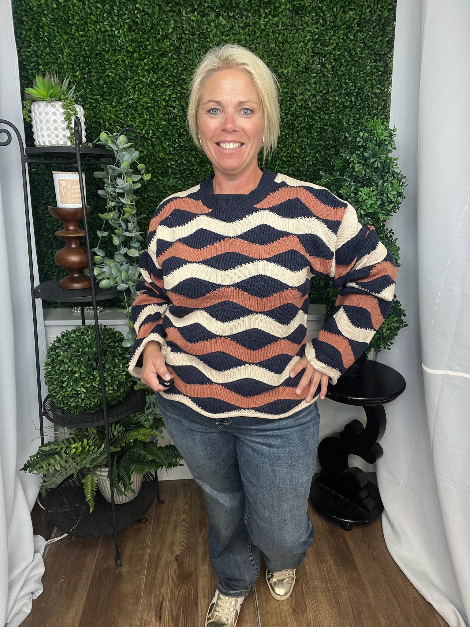 LS WAVY STRIPE SWEATER TOP - NAVY/CINNAMON