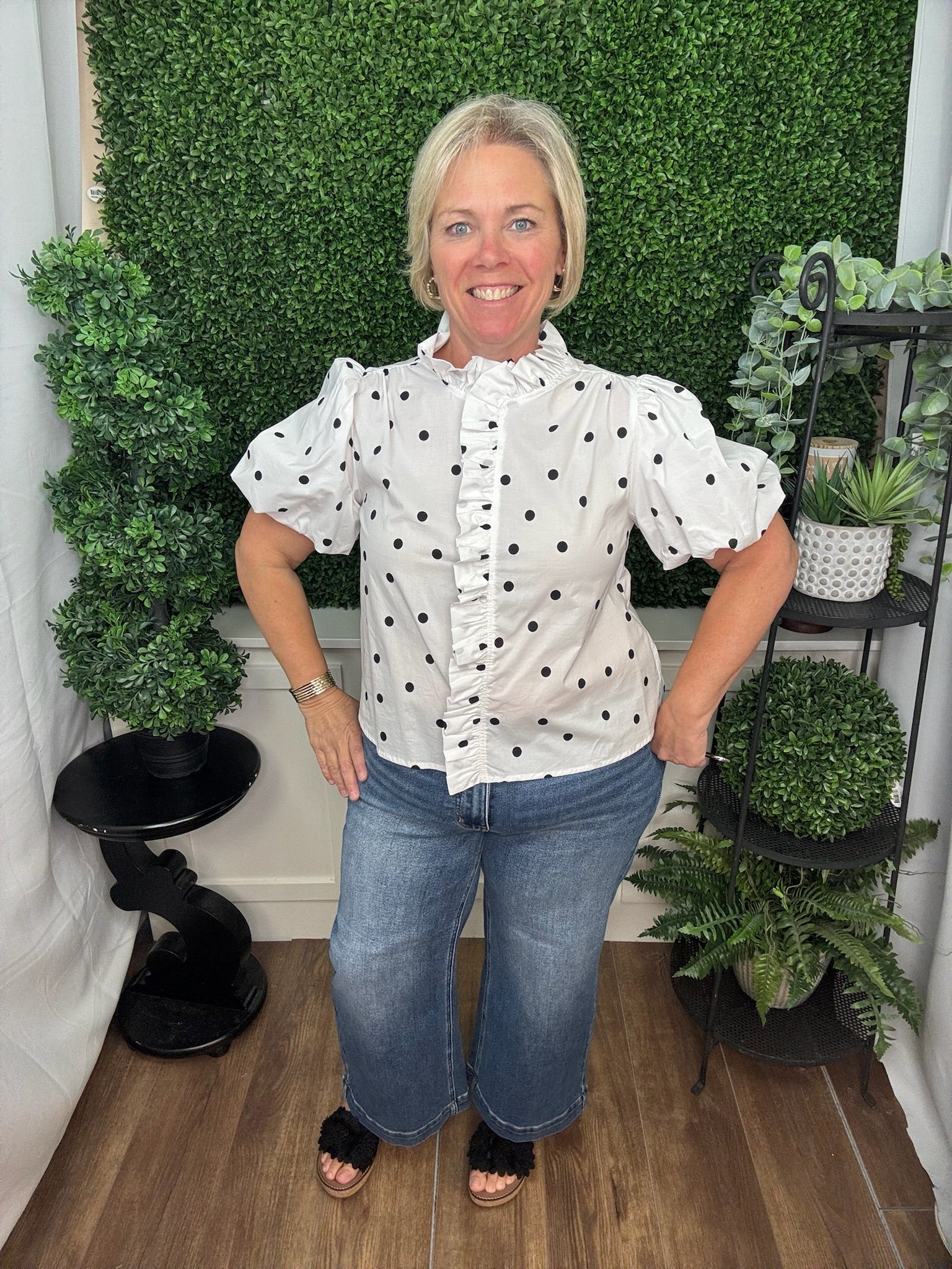 Polka Dot Ruffle Front Blouse
