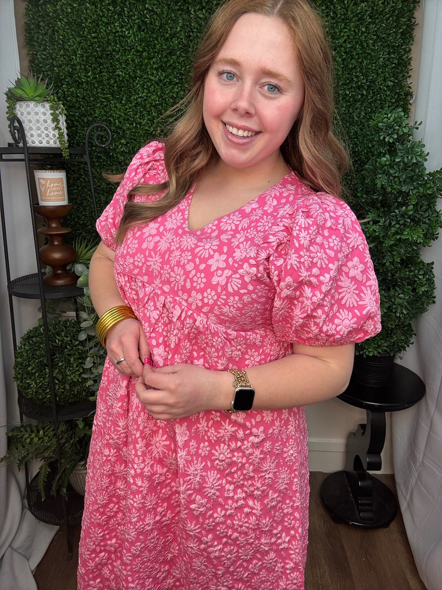 Rosette Bloom Puff Sleeve Midi Dress